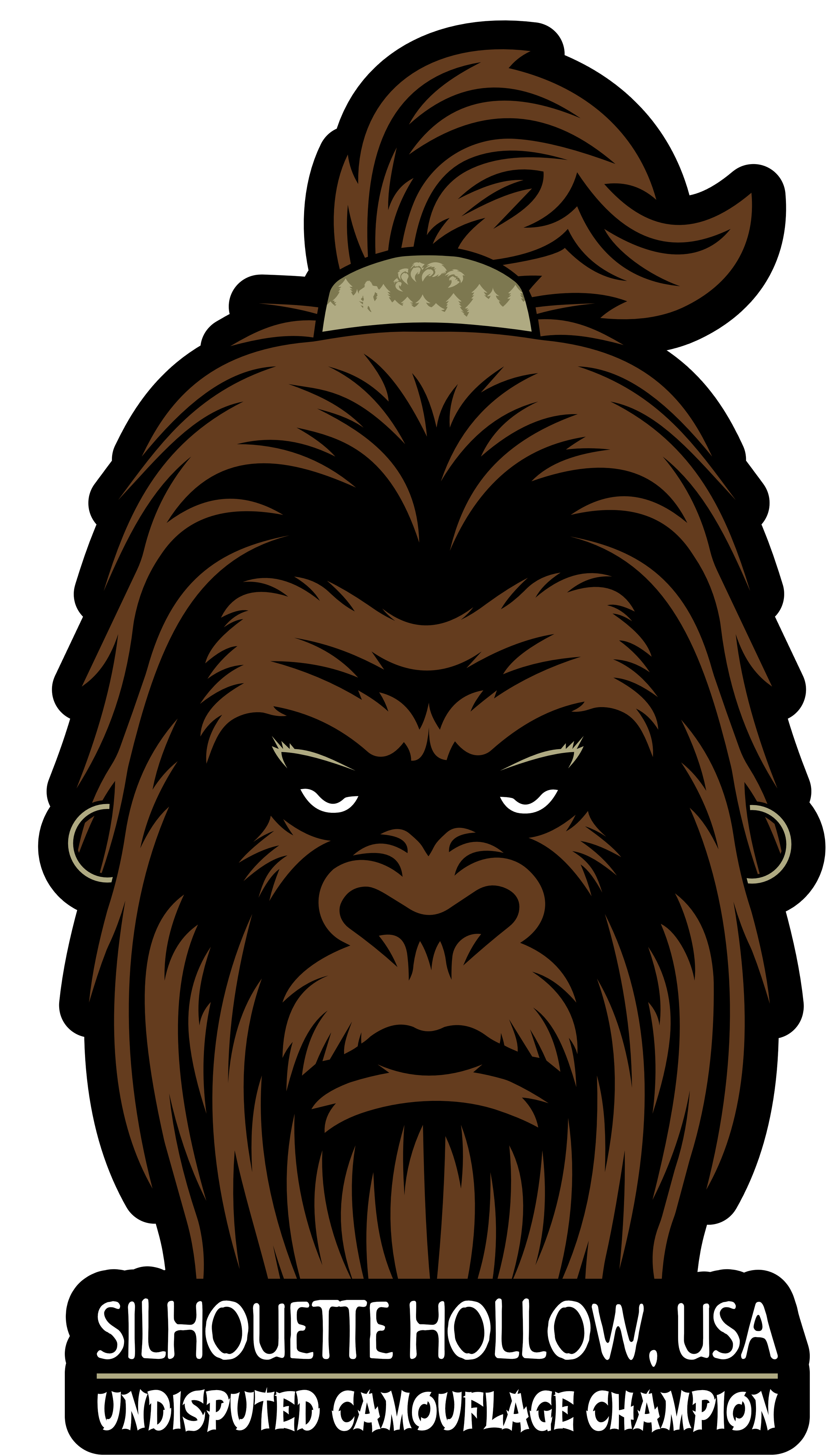 A stylized illustration of a gorilla with a topknot hairstyle and earrings, with text below that reads 'Silhouette Hollow, USA Undisputed Camouflage Champion'.