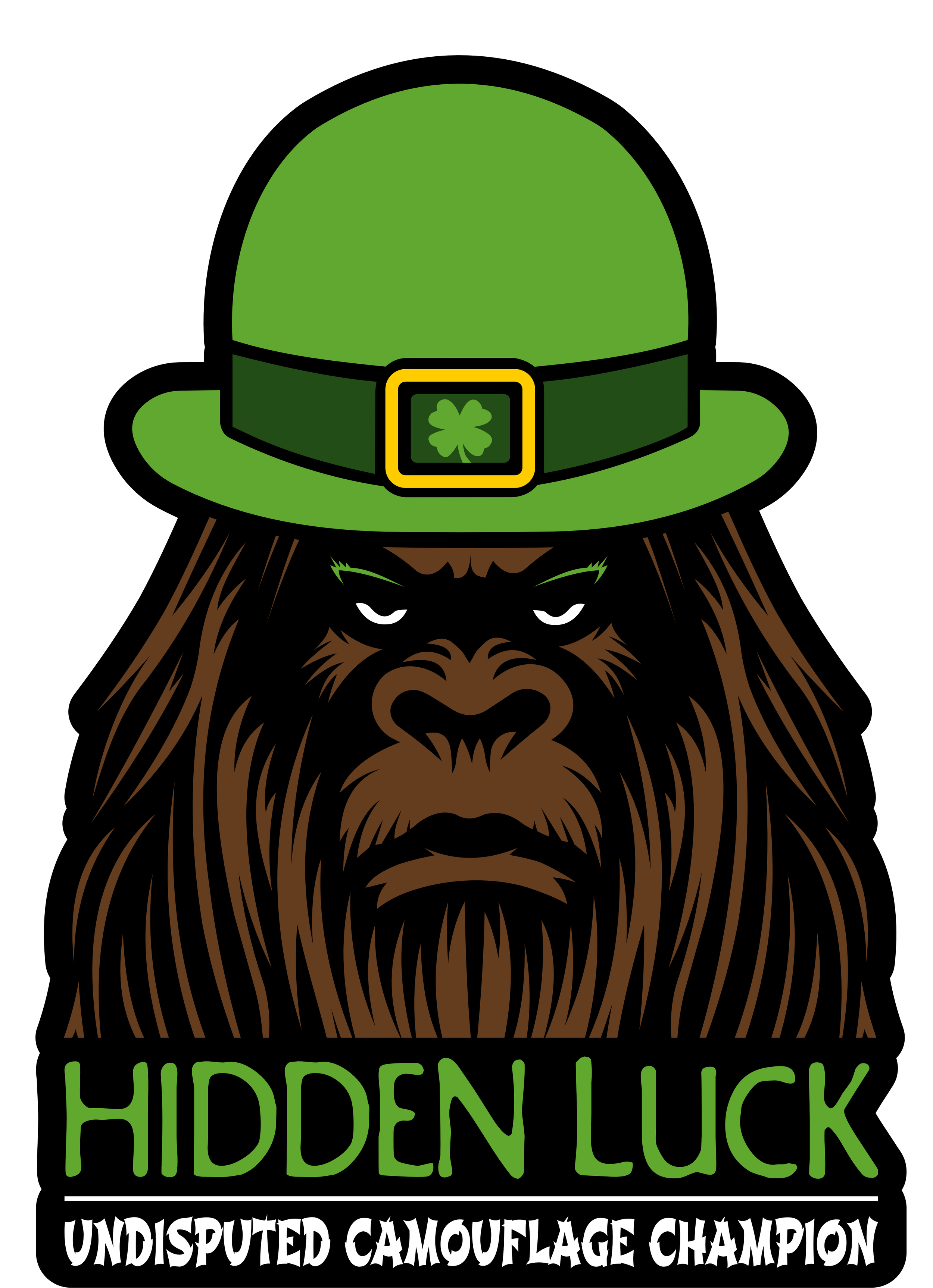 A stylized illustration of a Bigfoot or Sasquatch with brown fur, wearing a green leprechaun hat with a shamrock emblem, and the text 'Hidden Luck Undisputed Camouflage Champion'.
