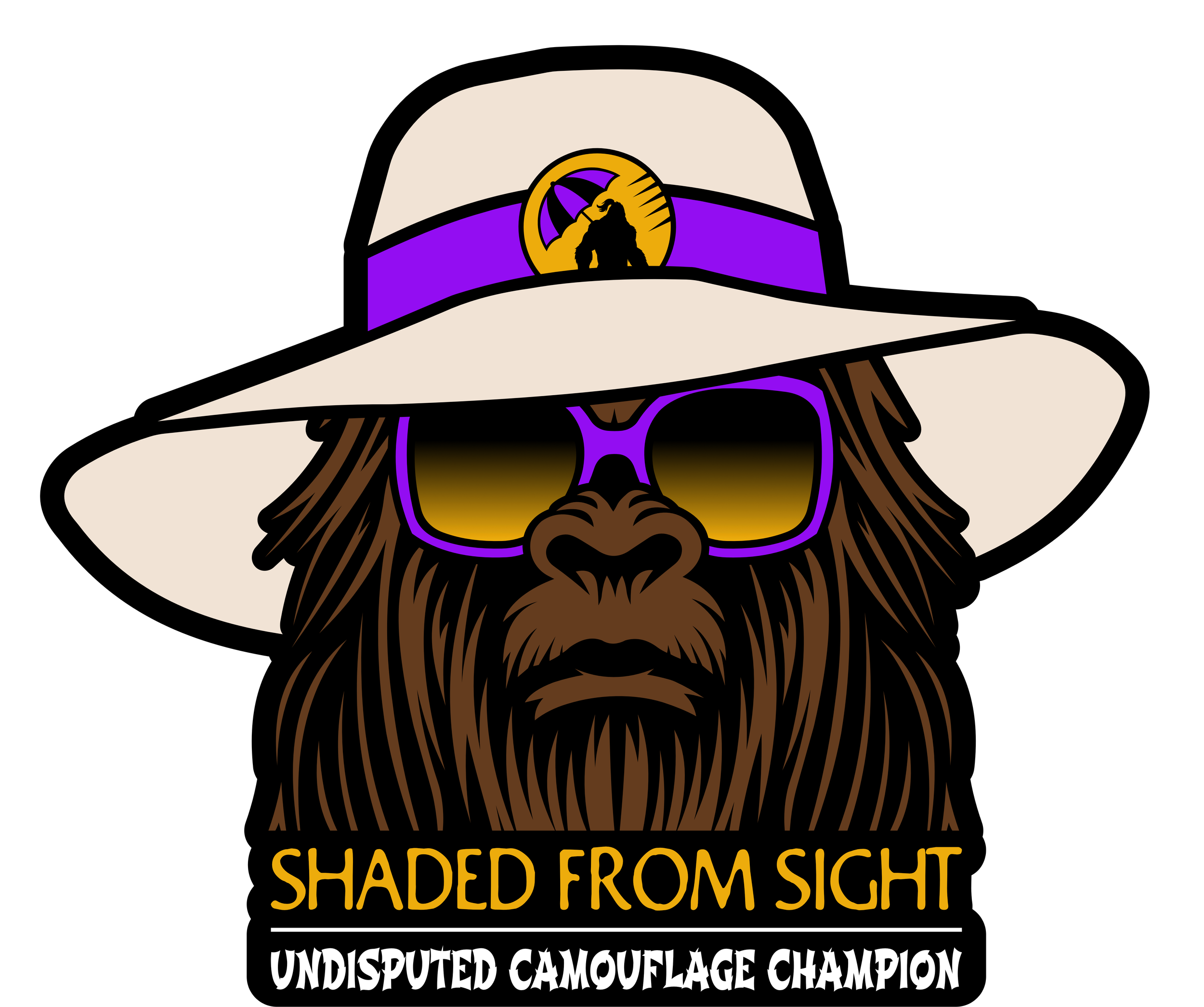 A bearded animal wearing sunglasses and a wide-brimmed hat with a band, featuring a logo of an umbrella and a gorilla. The text reads 'Shaded From Sight, Undisputed Camouflage Champion.'