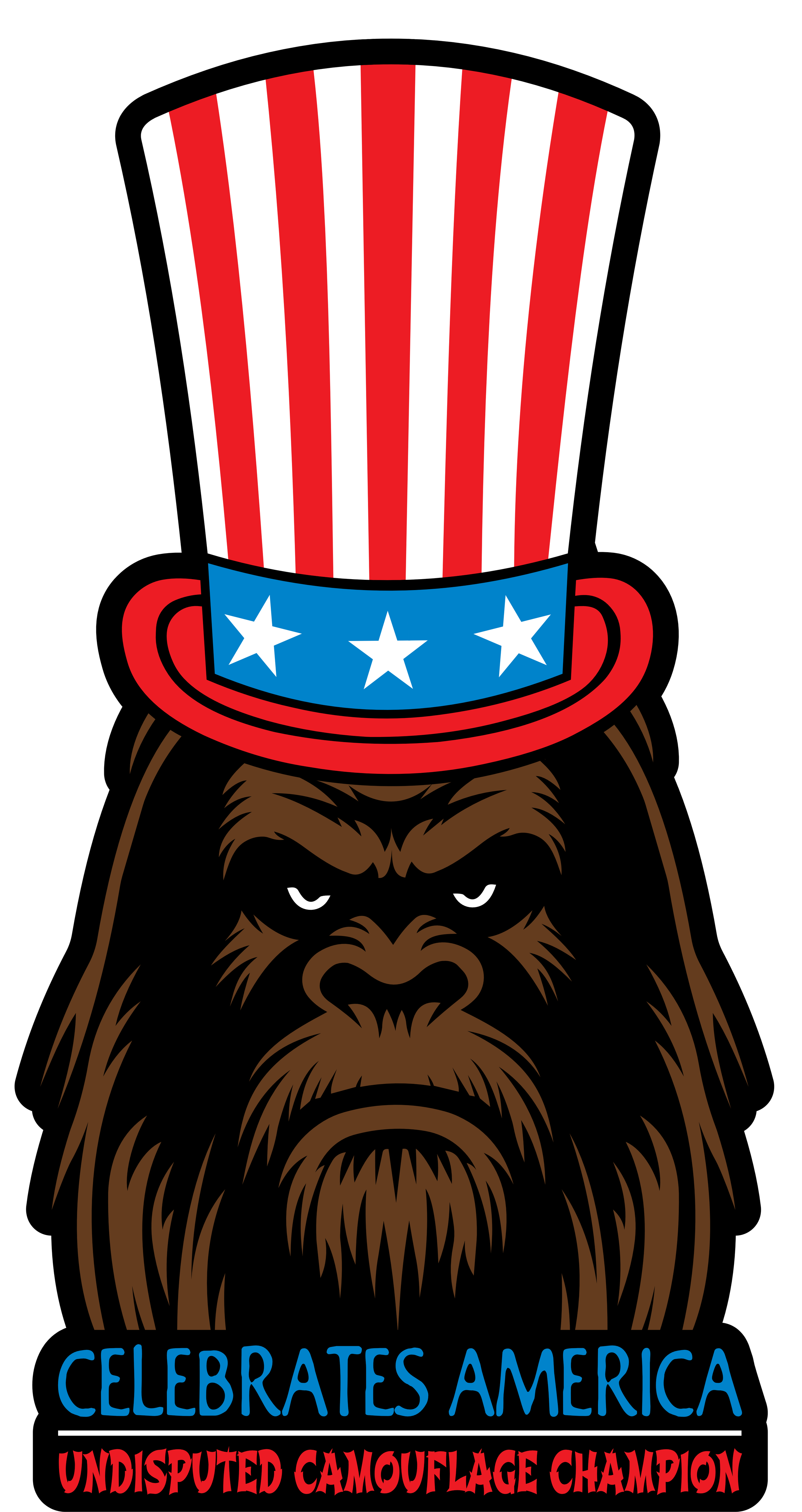 A graphic of a gorilla wearing a Uncle Sam hat with red and white stripes and a blue band with white stars. The gorilla has a serious expression with a dark background. Text below reads 'Celebrates America Undisputed Camouflage Champion' in blue and red.