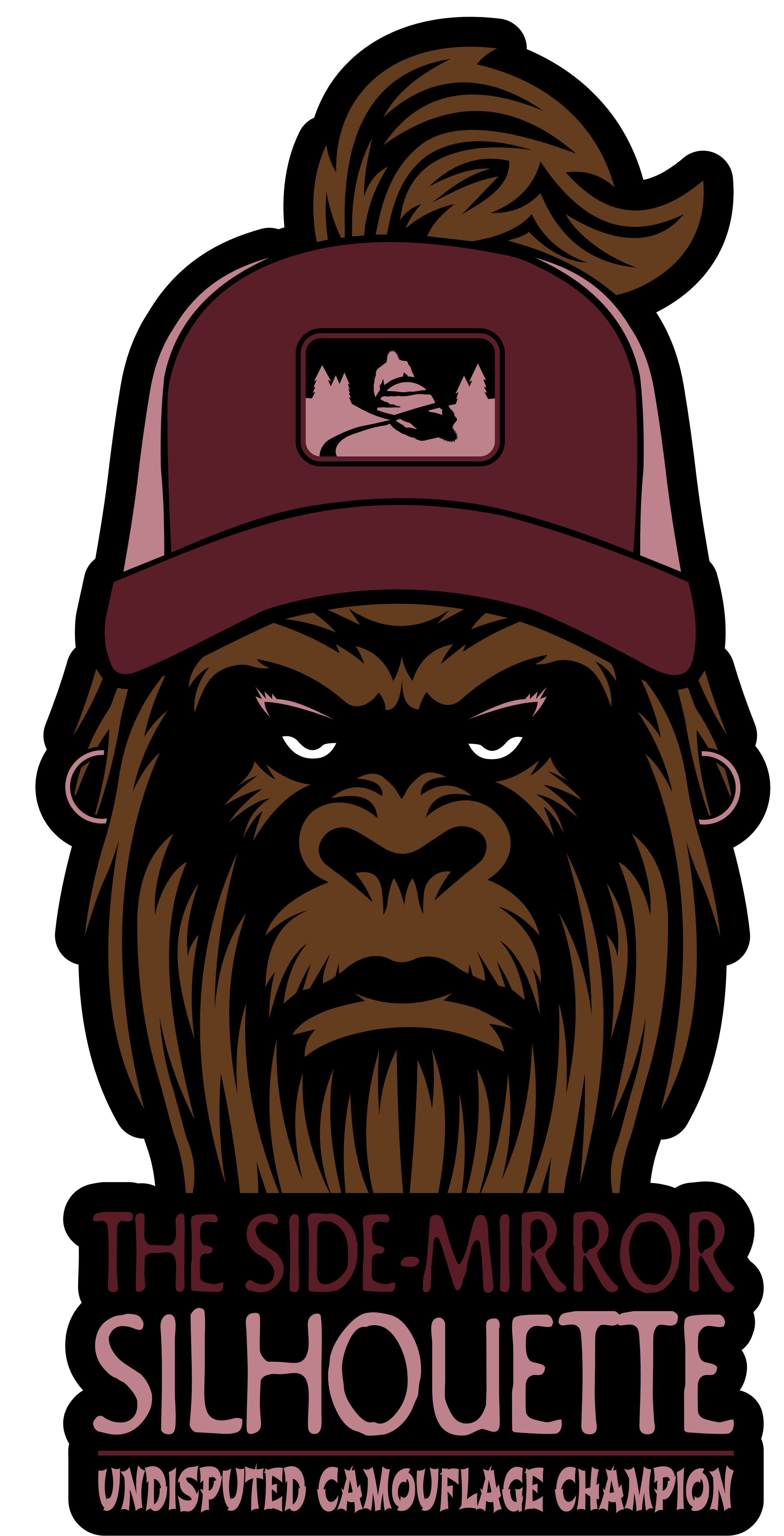 A stylized illustration of a lion's face with piercing eyes, wearing a maroon baseball cap with a mountain and trees logo. Text below reads, "The Side-Mirror Silhouette Undisputed Camouflage Champion".