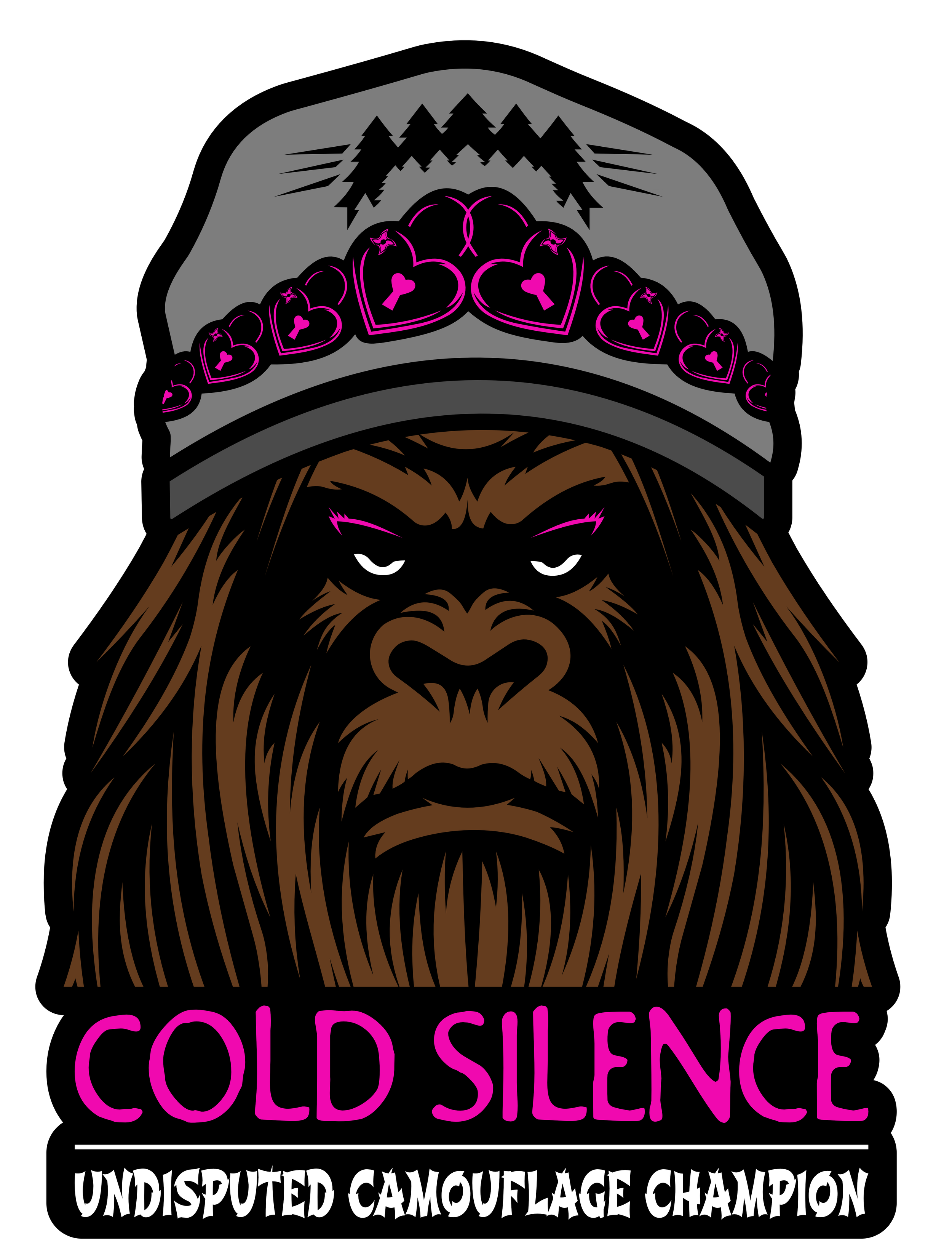 An illustrated gorilla wearing a gray beanie with pink hearts and black pine trees, with text 'COLD SILENCE' in pink and 'UNDISPUTED CAMOUFLAGE CHAMPION' in white at the bottom.