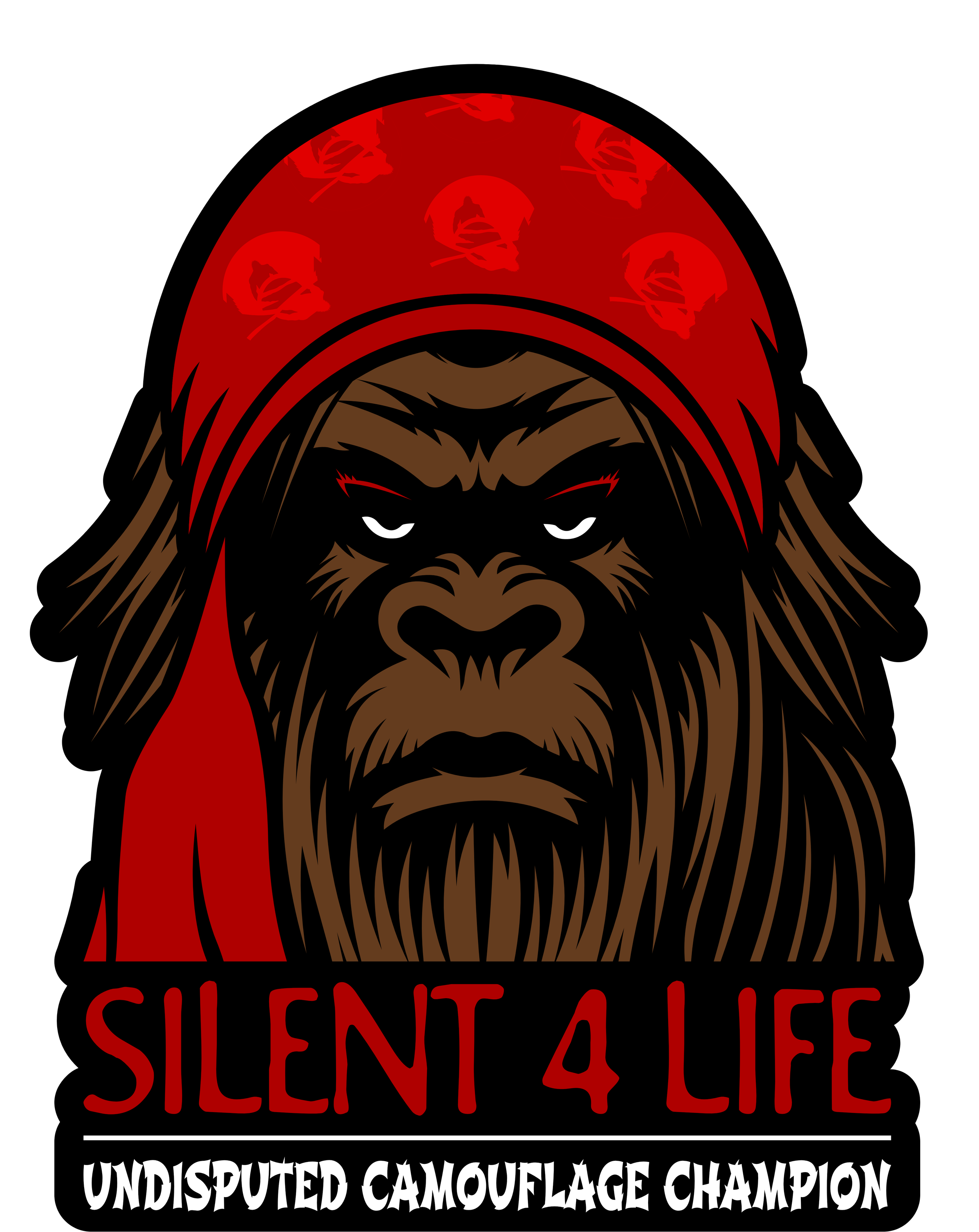 Graphic illustration of a gorilla wearing a red bandana with skull patterns, captioned 'SILENT 4 LIFE,' with a subtitle 'UNDISPUTED CAMOUFLAGE CHAMPION' in white text.