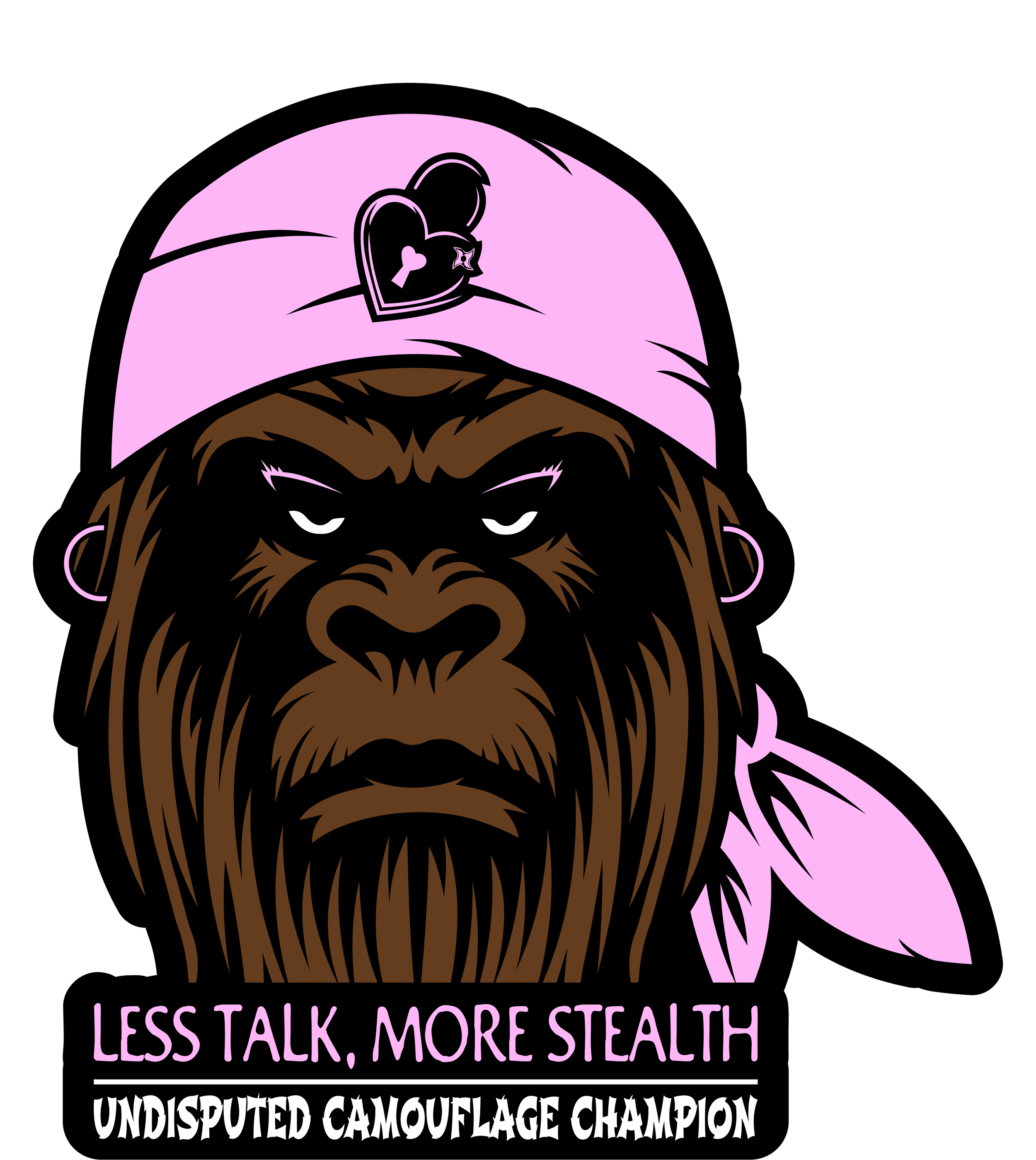 A stylized illustration of a gorilla wearing a pink bandana with a heart-shaped pin, and a bandana with a large leaf. The gorilla has earrings and a serious expression. Text at the bottom reads: "Less Talk, More Stealth" and "Undisputed Camouflage Champion."