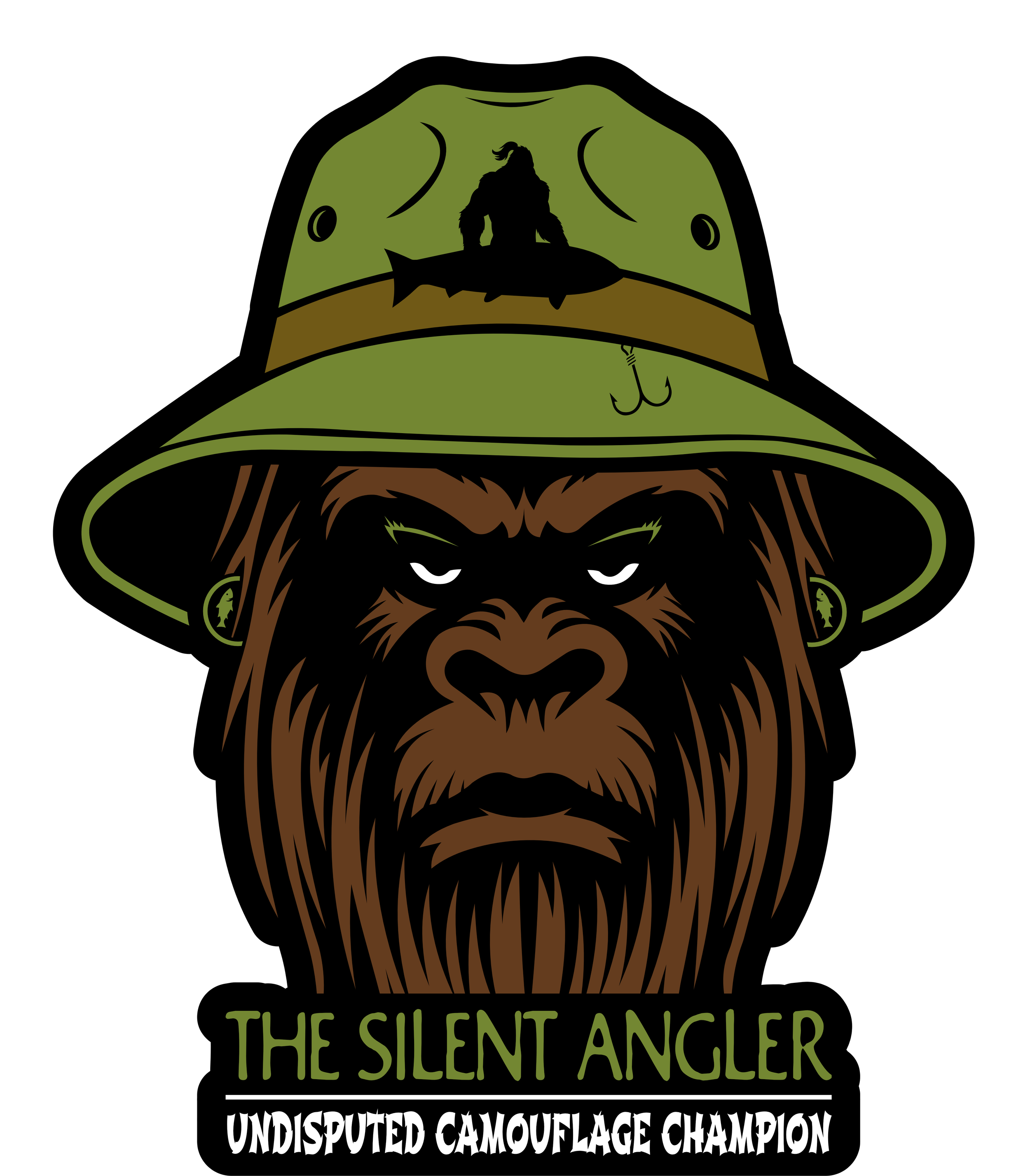 A stylized illustration of a gorilla wearing a green fishing hat with a fishing hook and lure, and a frog silhouette on the hat. The gorilla has a stern expression with piercing eyes, and the text "The Silent Angler" and "Undisputed Camouflage Champion" below.
