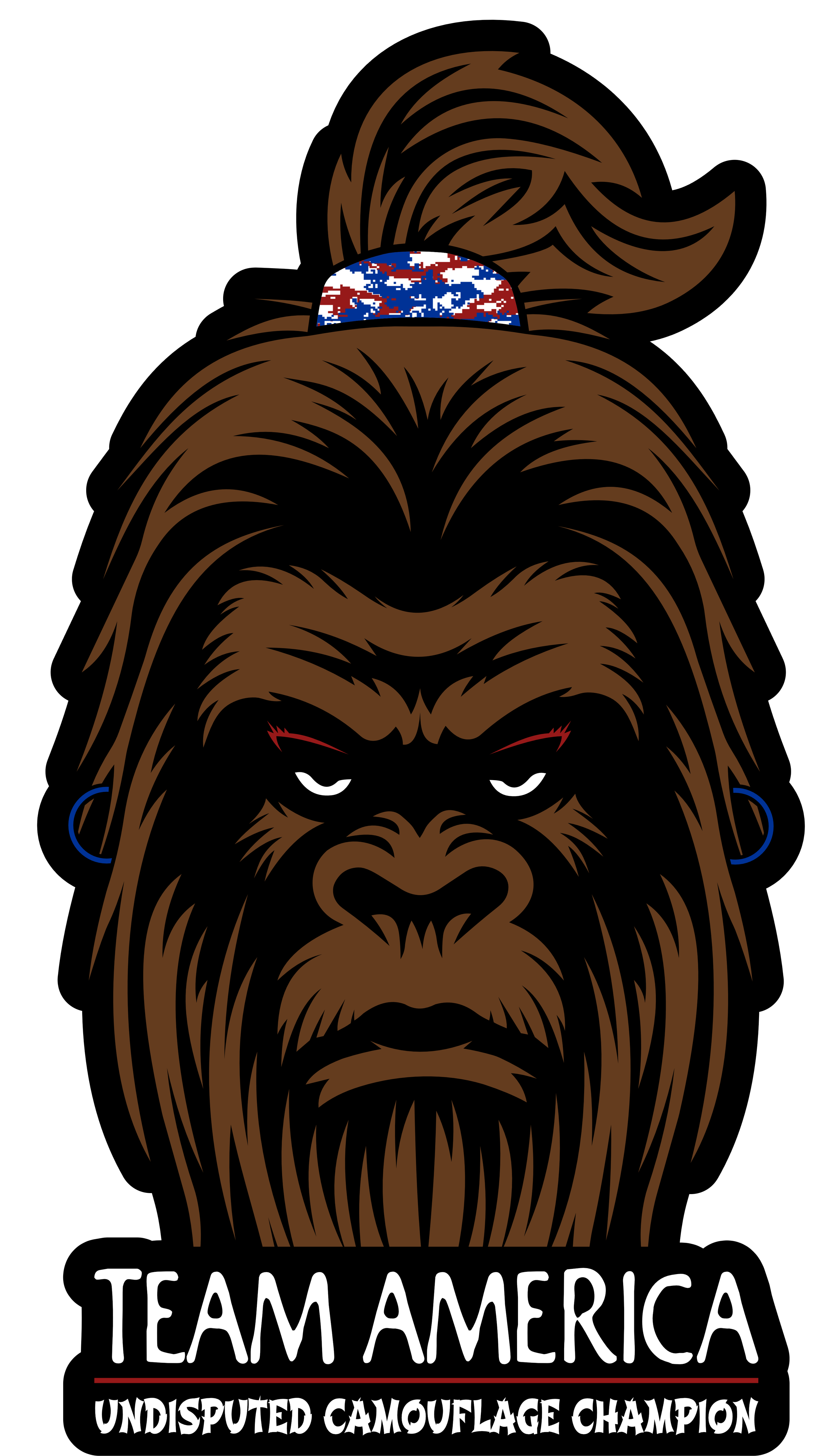 A graphic illustration of a fierce lion's face with red eyes and a serious expression, wearing a patriotic headband with the American flag pattern. The text below reads 'Team America' and 'Undisputed Camouflage Champion'.