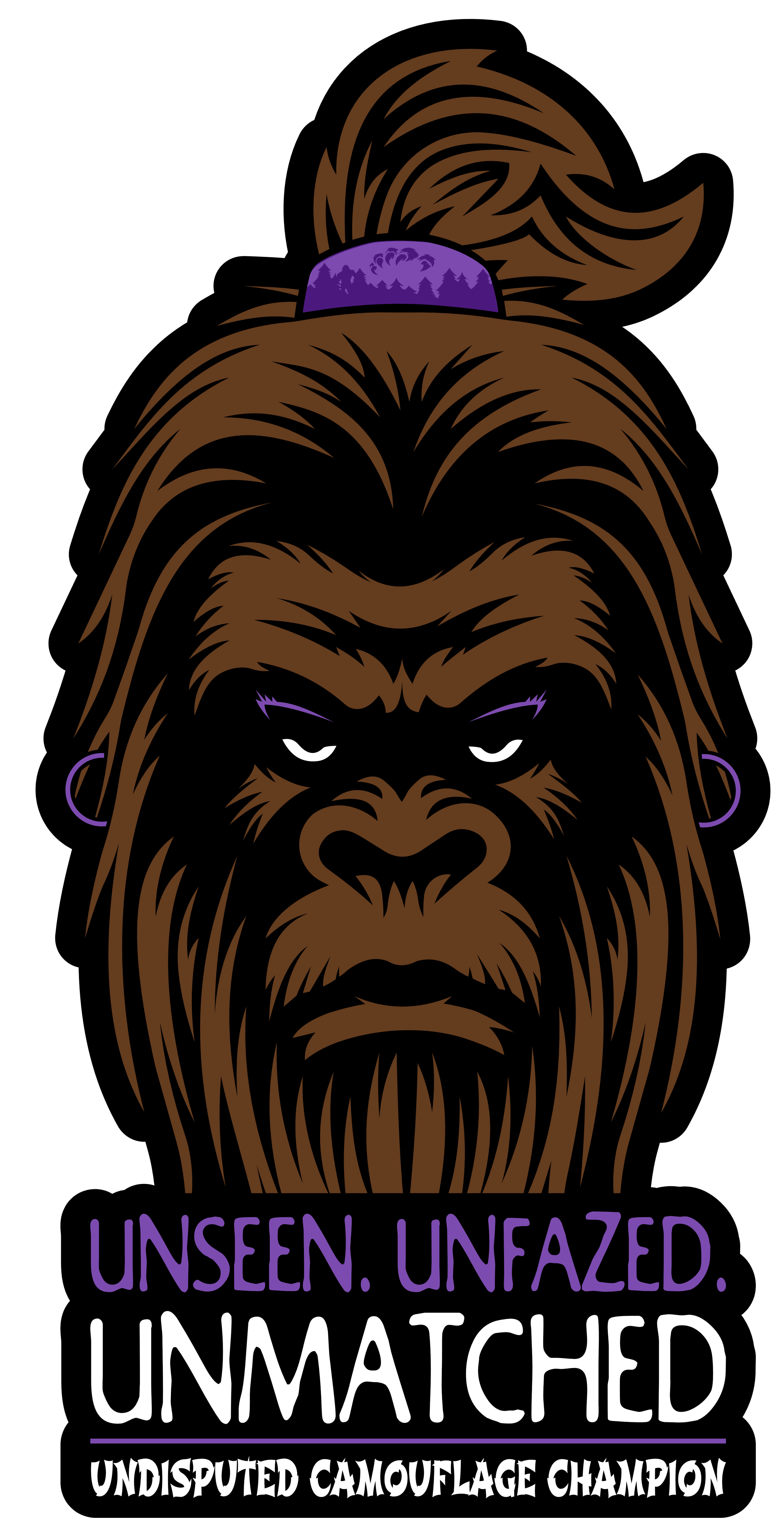 A stylized illustration of a serious-looking gorilla with a top bun hairstyle, adorned with purple accessories, and text reading 'Unseen. Unfazed. Unmatched. Disputed Camouflage Champion'.
