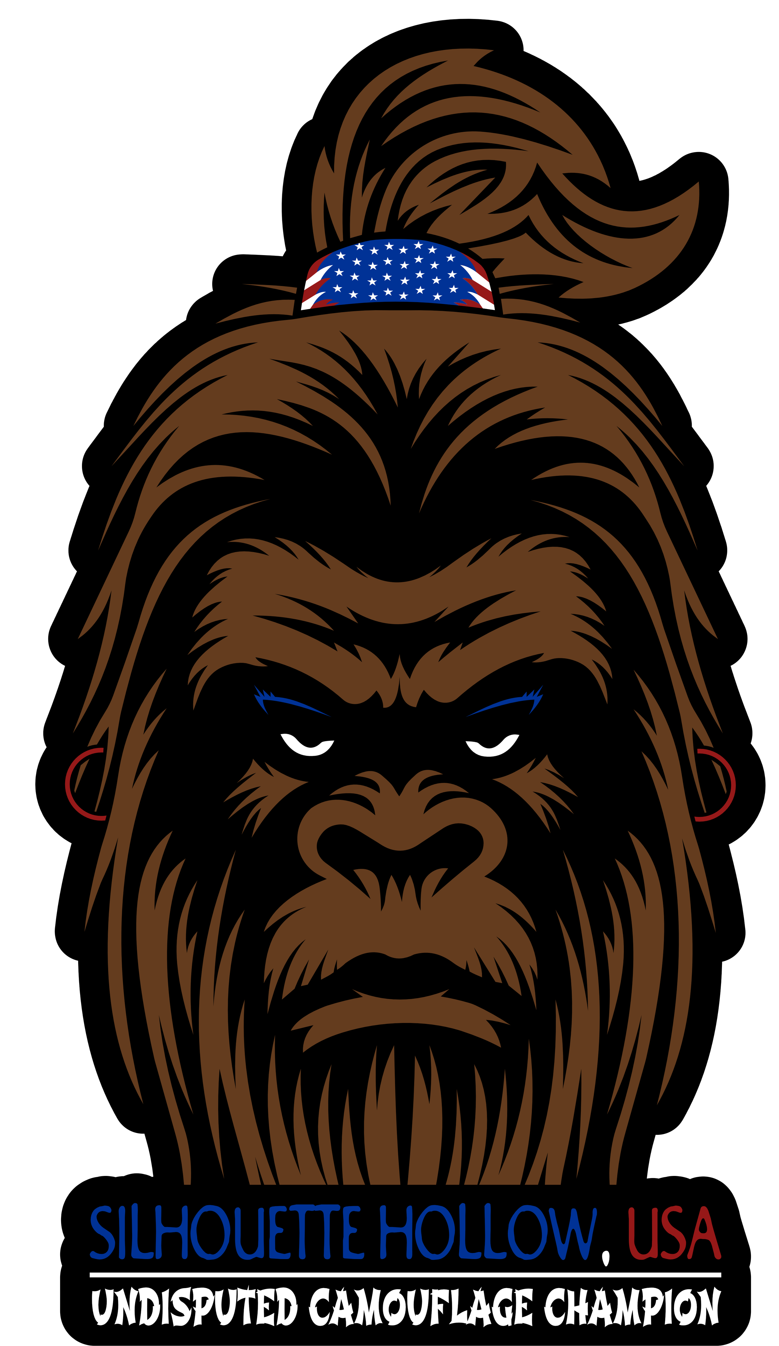 Graphic illustration of a gorilla with blue eyebrows, white eyes, red earrings, and a hair bun with an American flag headband. Text at the bottom reads: "Silhouette Hollow, USA Undisputed Camouflage Champion."