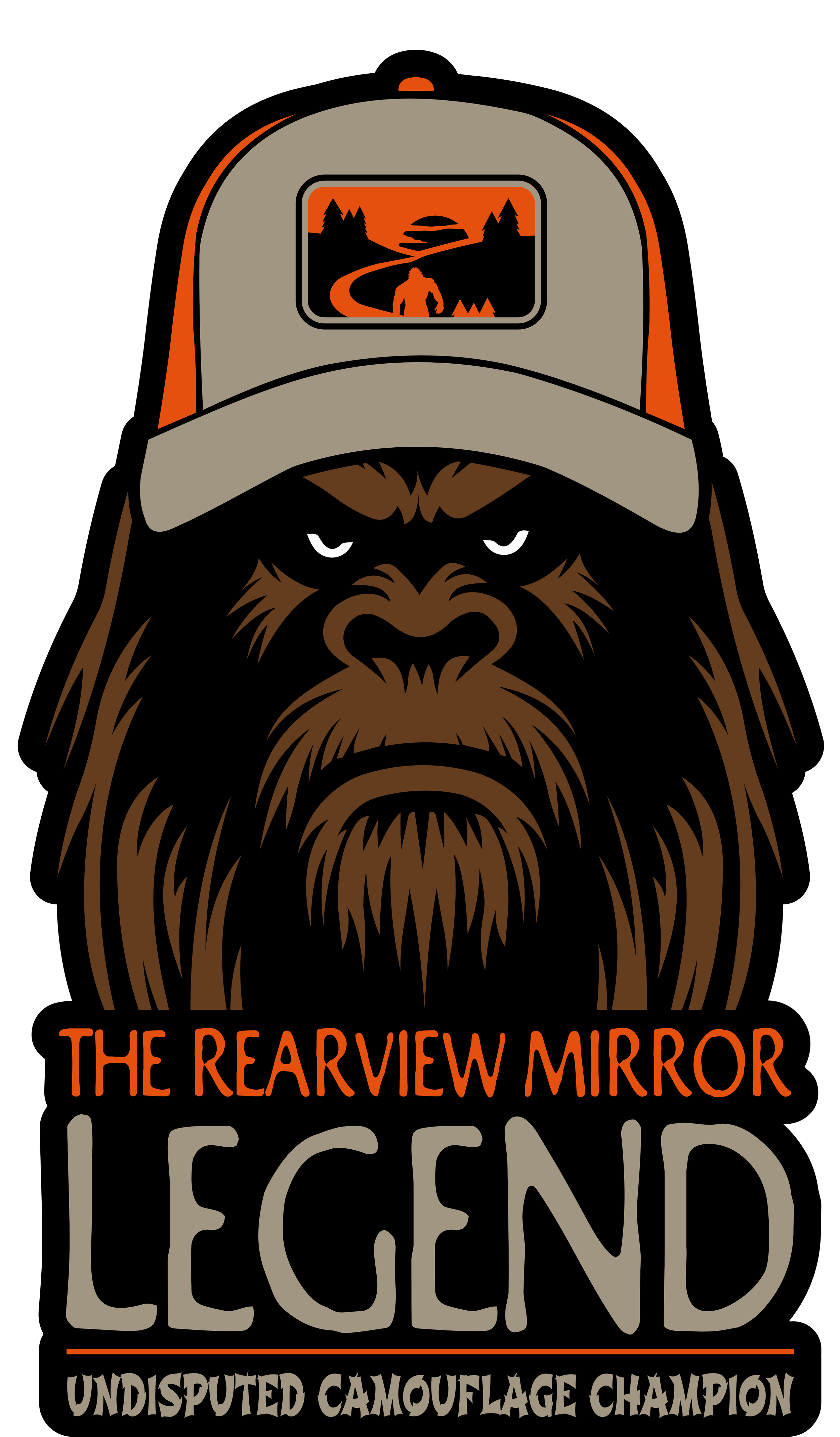 Illustration of a bear's face with piercing eyes, wearing a beige cap with an outdoor scene on the front panel featuring a trail, trees, and the sun. Below, stylized text reads "The Rearview Mirror Legend" with smaller text "Undisputed Camouflage Champion."