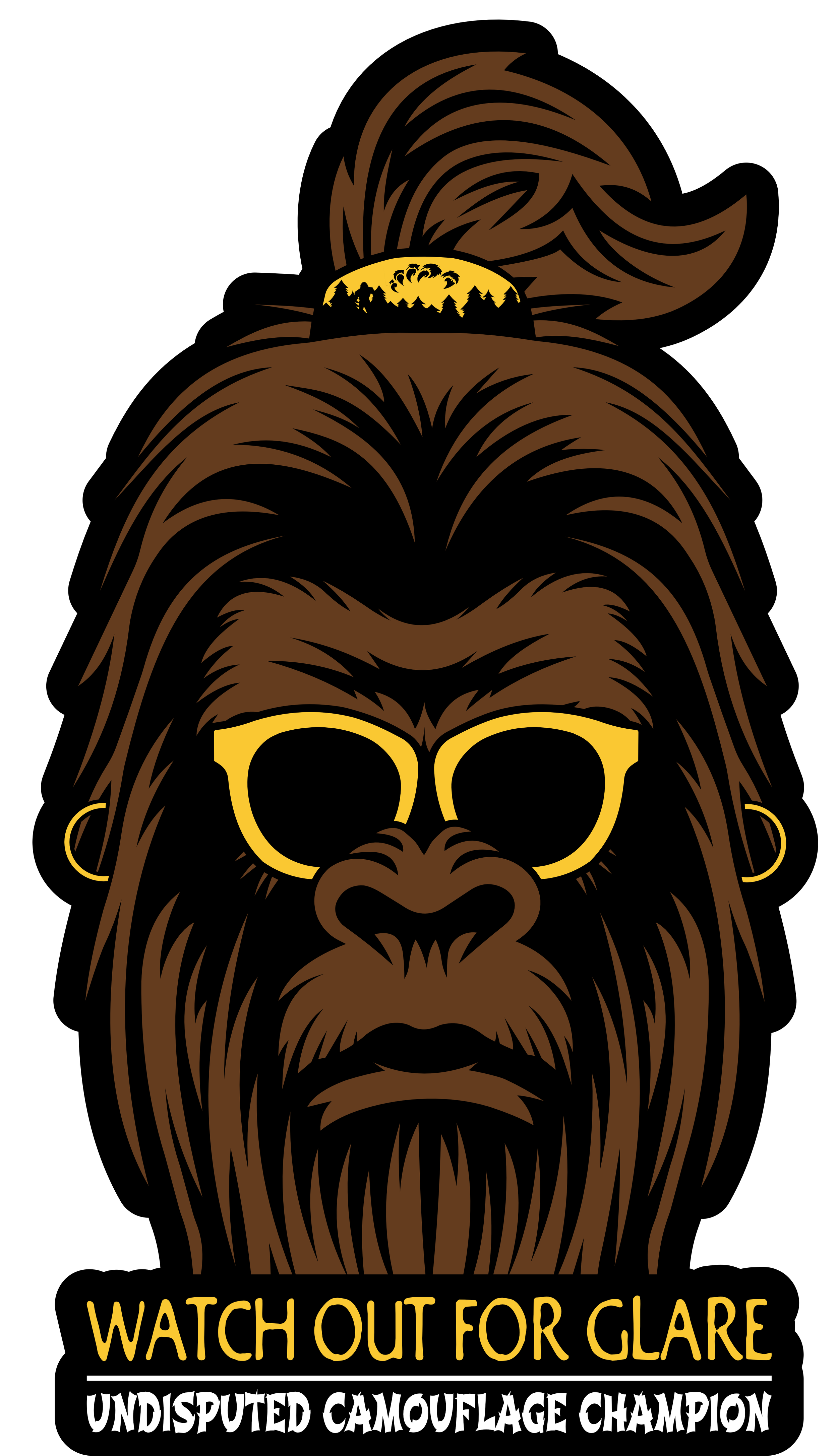 Illustration of a gorilla with sunglasses and earrings, wearing a bun with a sunset and trees on top, with text 'Watch Out for Glar' and 'Undisputed Camouflage Champion'.