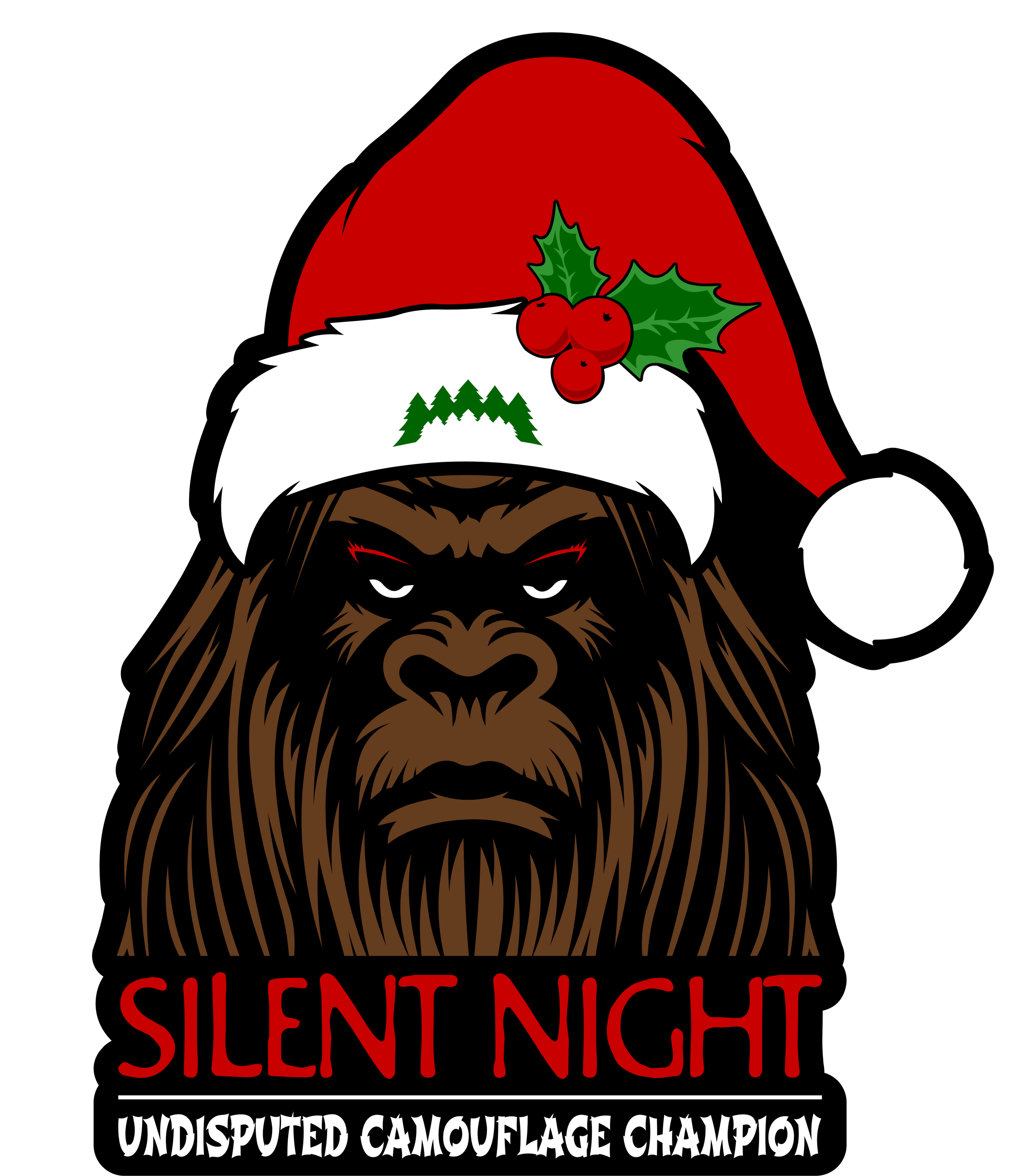A fierce gorilla wearing a Santa hat with holly and berries, with the text 'Silent Night Undisputed Camouflage Champion' below.
