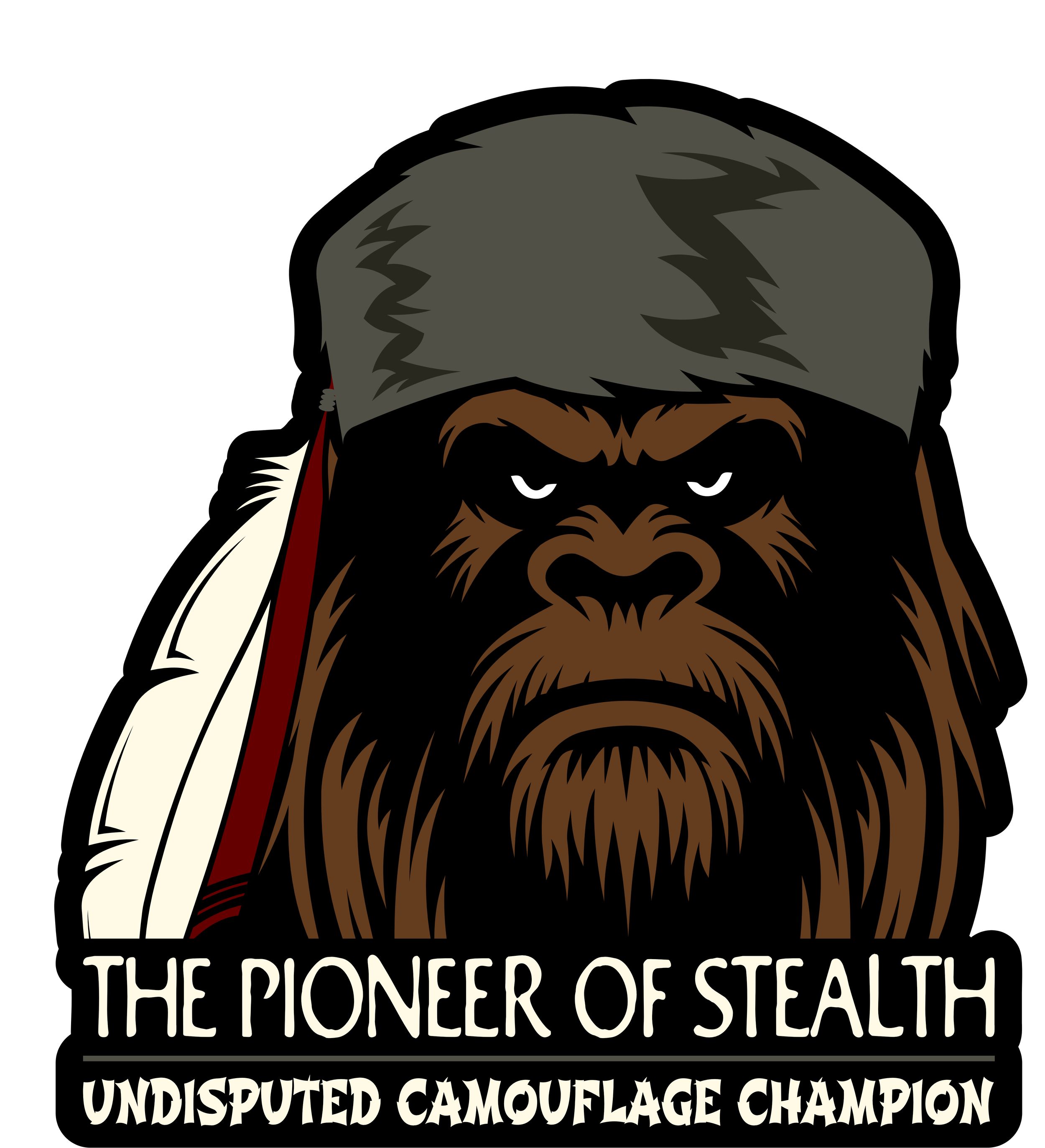 A stylized illustration of a gorilla wearing a camouflage cap, holding a white feather, with the text 'The Pioneer of Stealth Undisputed Camouflage Champion' beneath it.