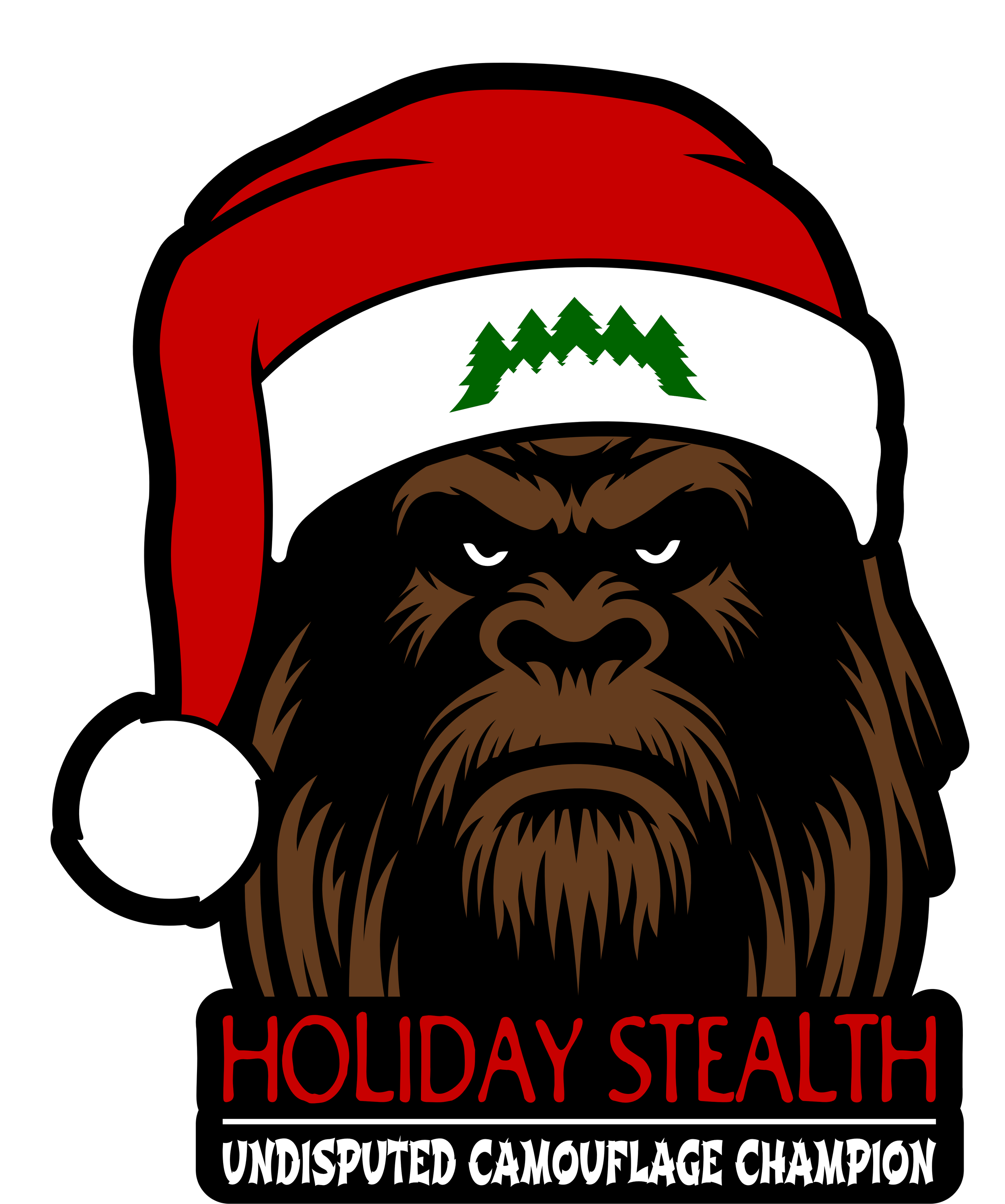 A stylized illustration of a Bigfoot or Sasquatch wearing a Christmas Santa hat with green trees on the white band. The creature has a brown furry face with fierce eyes and a thick beard. Text below reads 'Holiday Stealth Undisputed Camouflage Champion' in red and white.