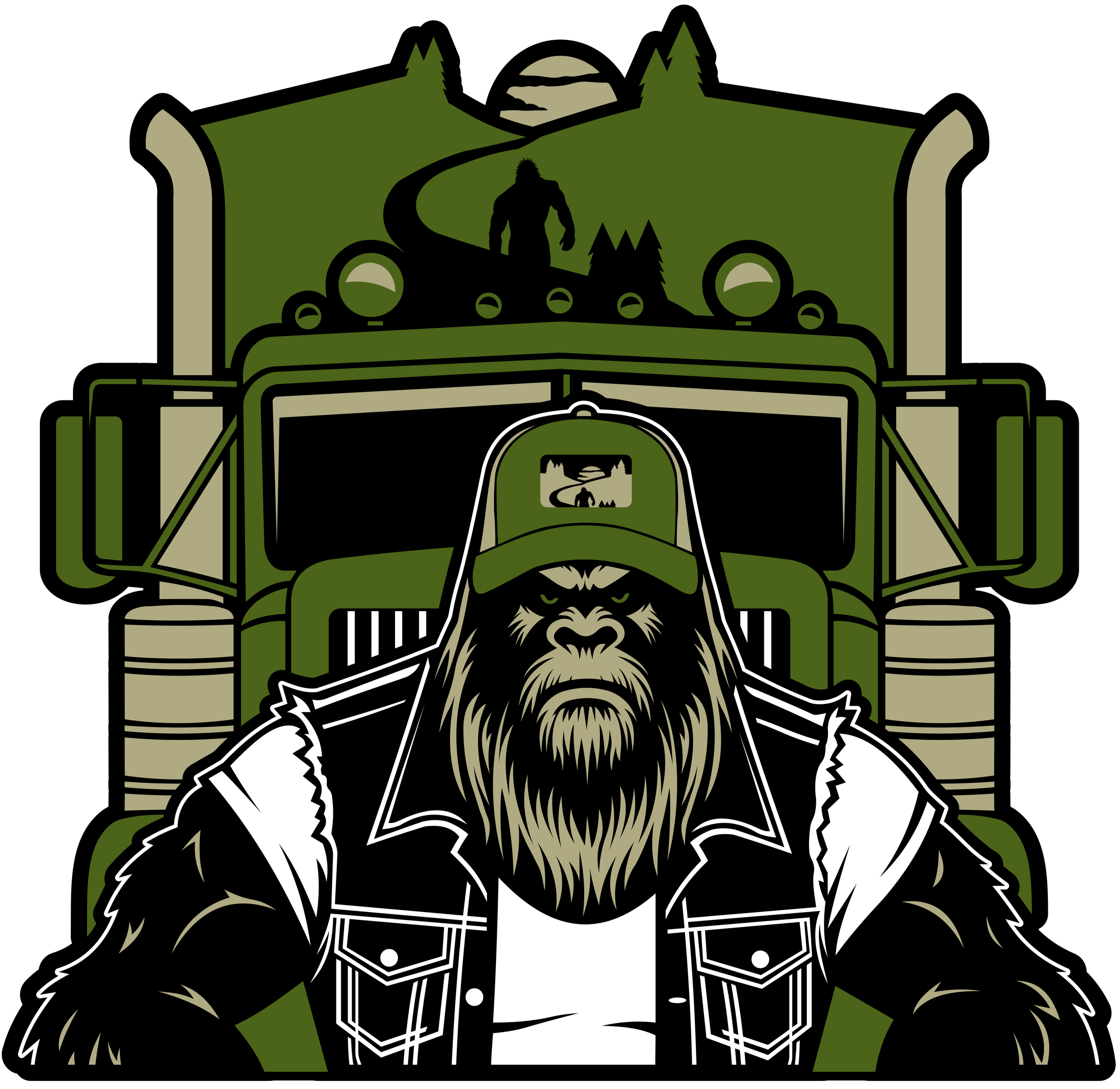 Illustration of a beast with a beard and hat in front of a large truck, with a hilly landscape, trees, and a setting sun in the background.