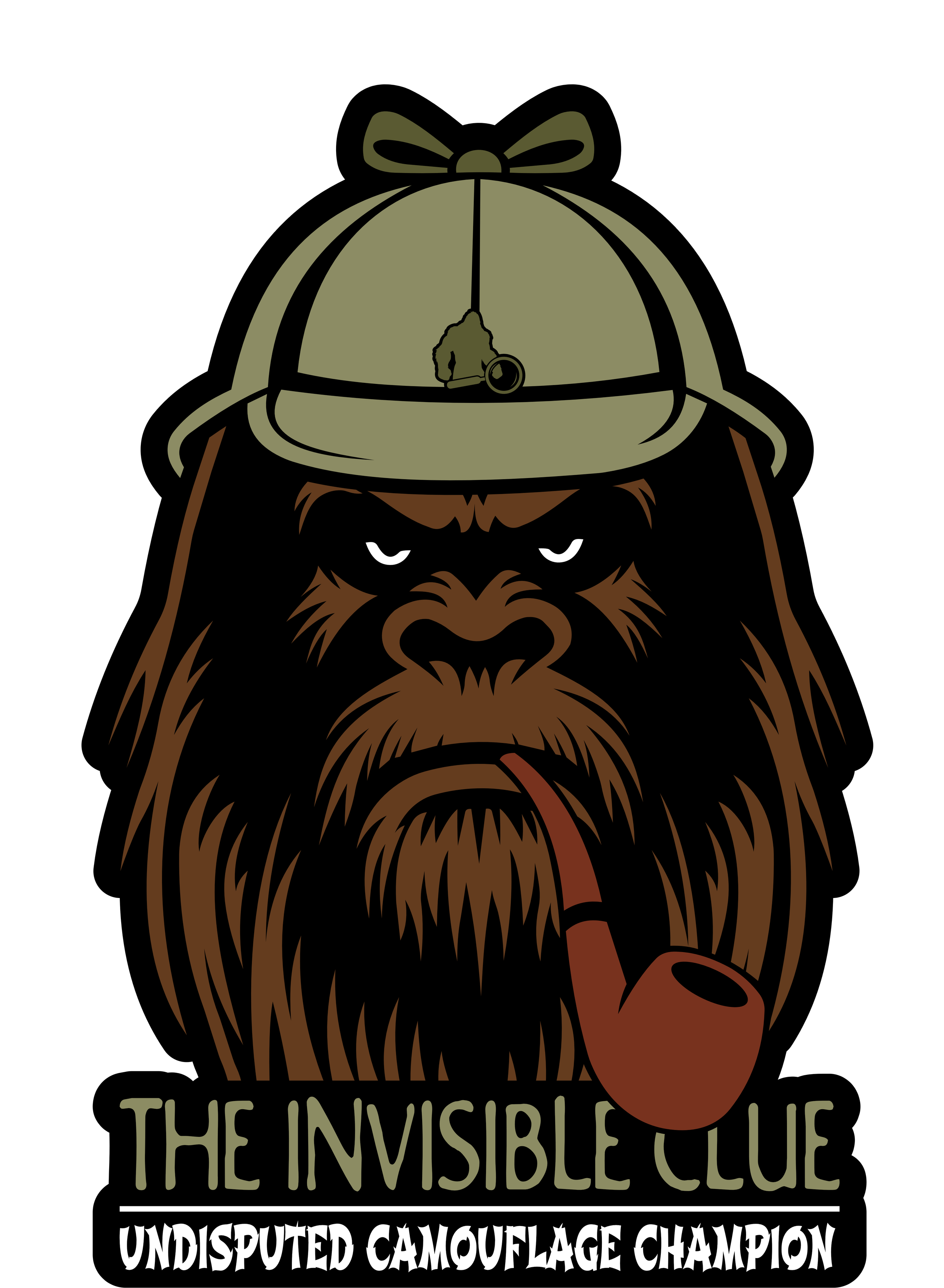 A stylized illustration of a gorilla wearing a camouflage helmet with a whistle hanging from it, smoking a pipe, with text that reads 'The Invisible Clue Undisputed Camouflage Champion.'