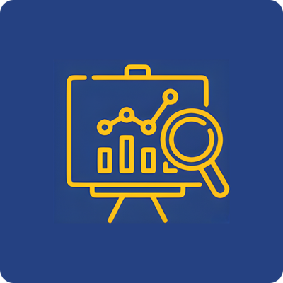 Icon of a presentation board with a line graph, bar chart, and a magnifying glass, symbolizing data analysis or research.