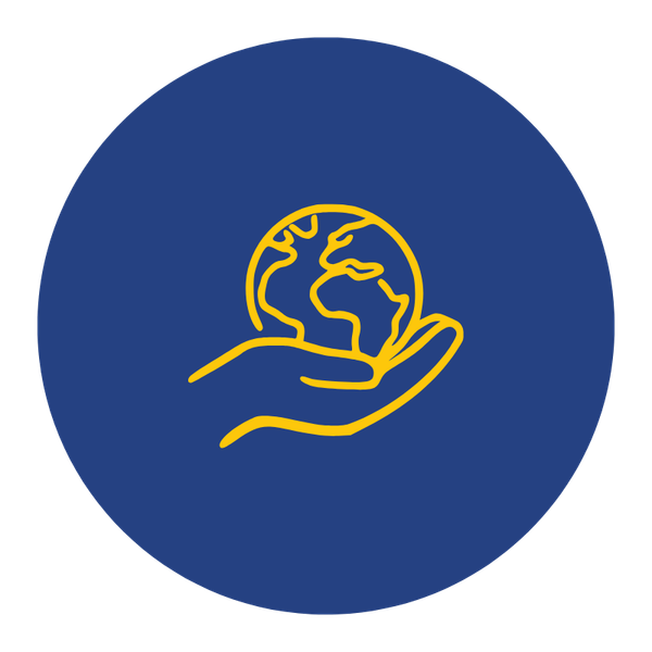 Icon of a hand holding the Earth, with a dark blue circular background and yellow outlines.