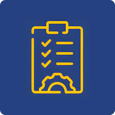 Icon of a clipboard with a checklist and a gear at the bottom, on a dark blue background.