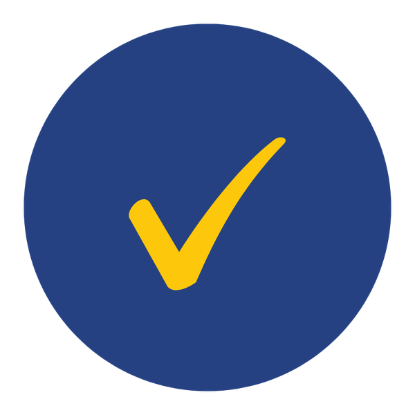 Blue circular background with a yellow check mark in the center.