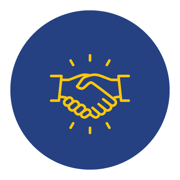 Illustration of a handshake with lines radiating outward, in yellow against a blue circular background.