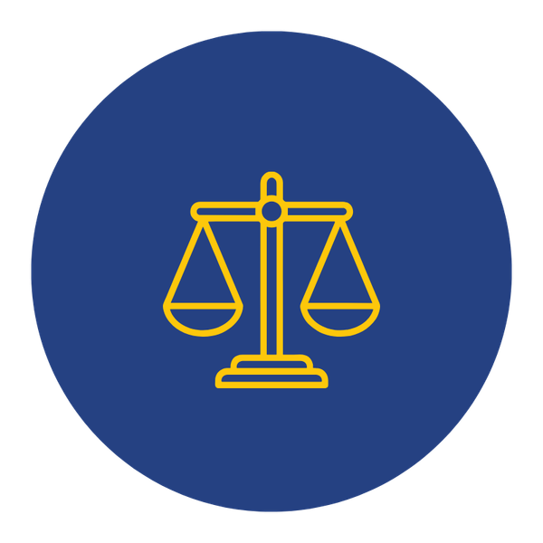 Icon of a yellow justice scale on a dark blue circular background.