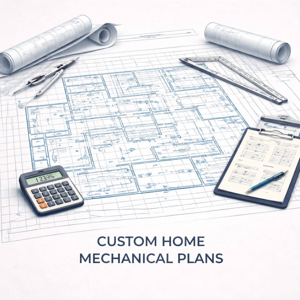 Custom home mechanical plans illustrating HVAC design, load calculations, and duct layout for Florida residential projects.