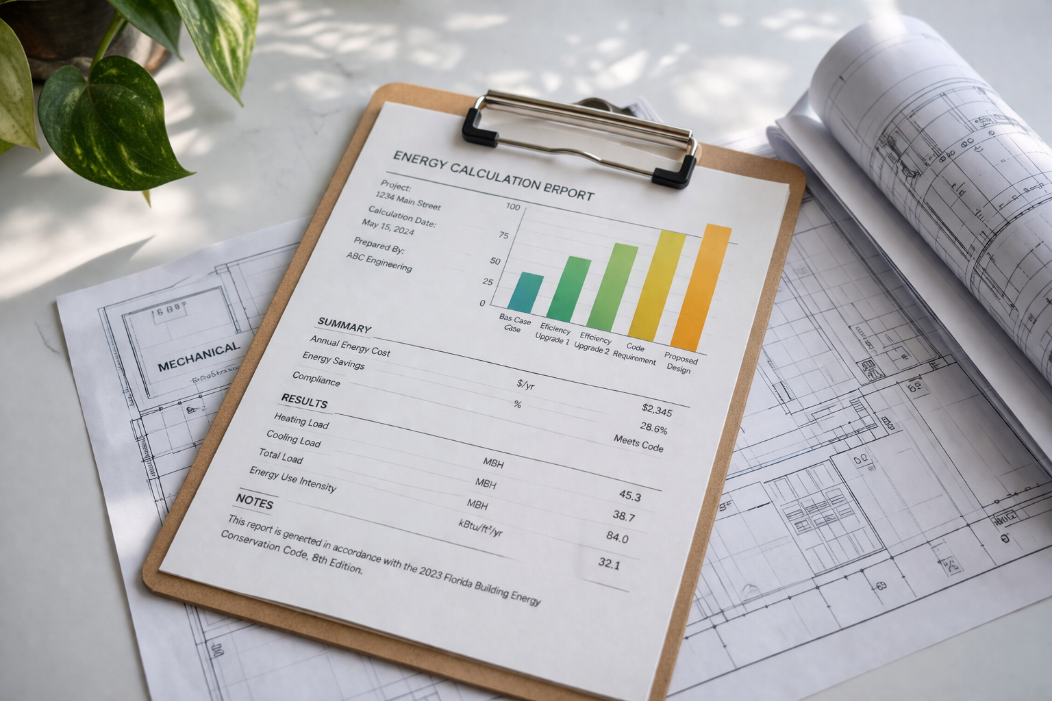 Energy calculation report used for Florida residential and commercial building code compliance and permitting.