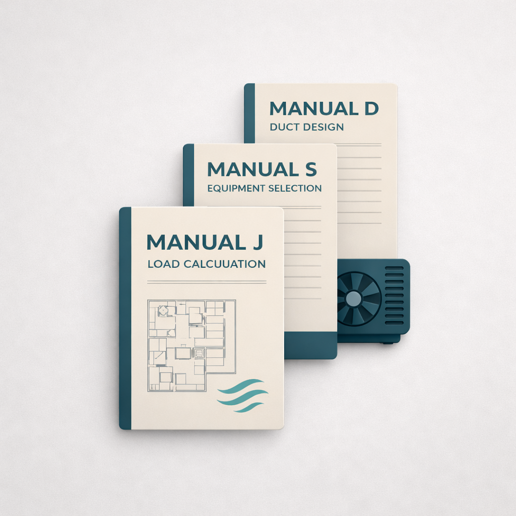 Manual J, Manual S, and Manual D HVAC design manuals used for residential load calculations, equipment selection, and duct design.