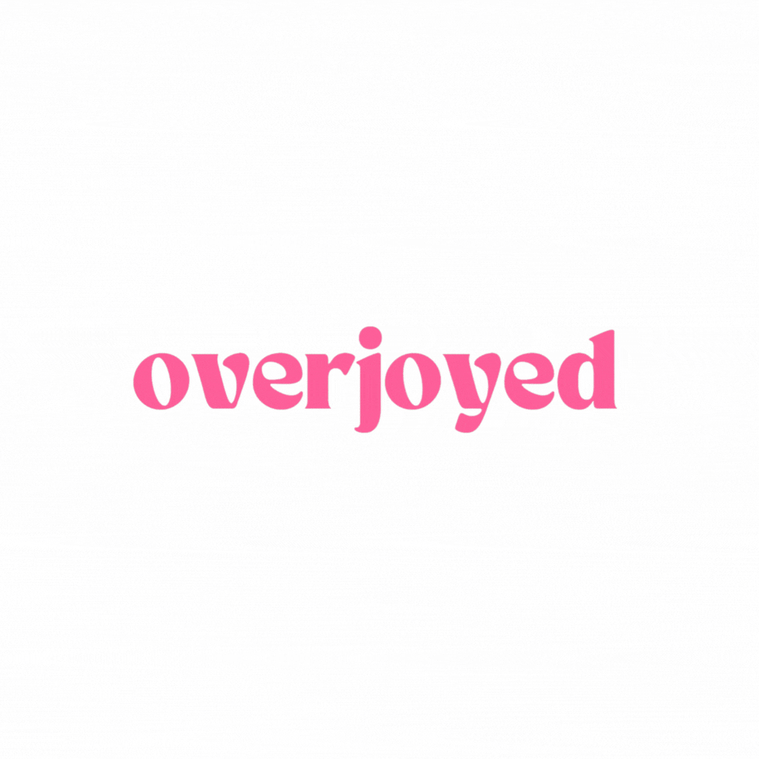 Animated pink text "overjoyed" on white background.