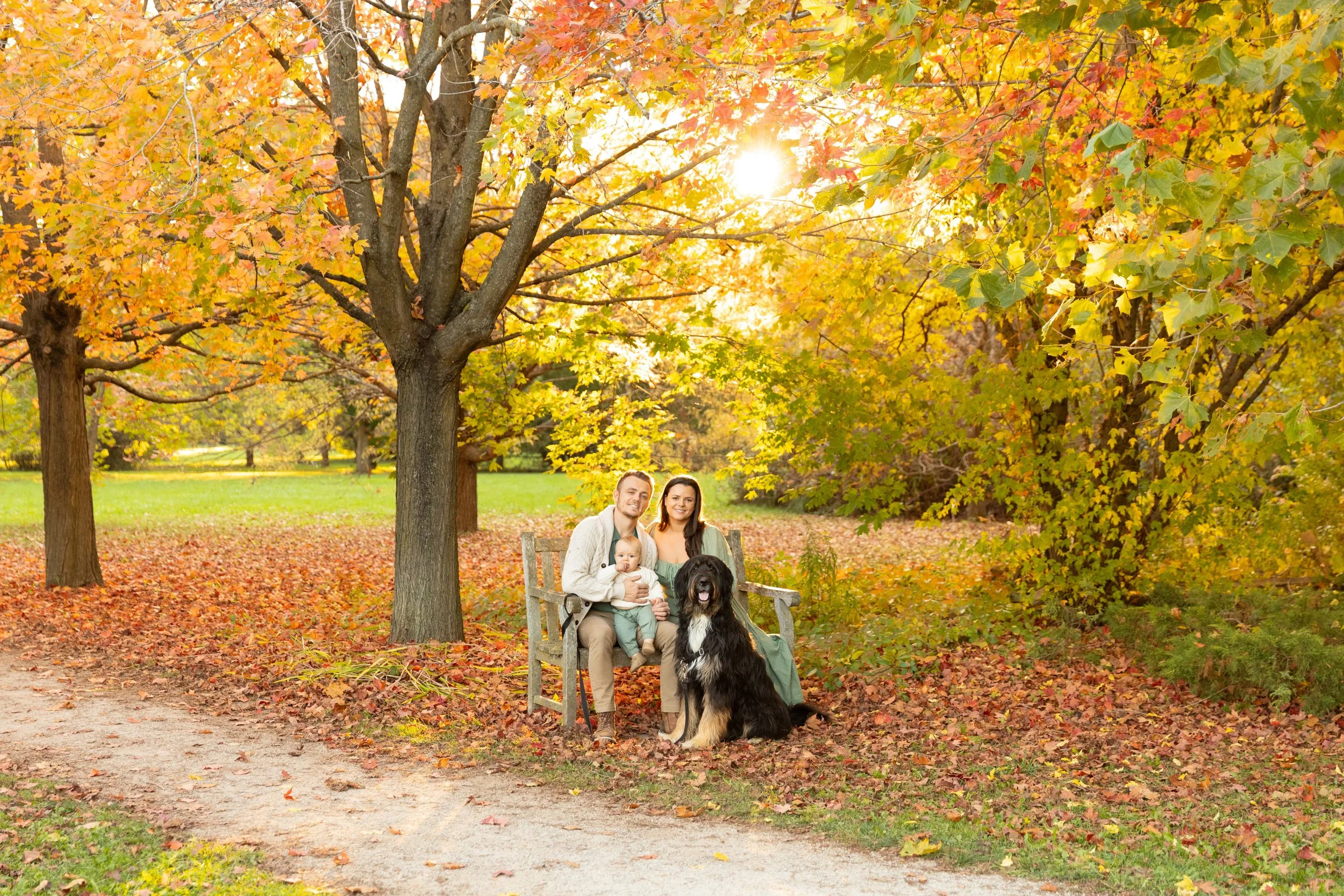 A family of three with a dog sitting on a park bench amidst autumn trees with orange and yellow leaves, sunlight shining through the trees.