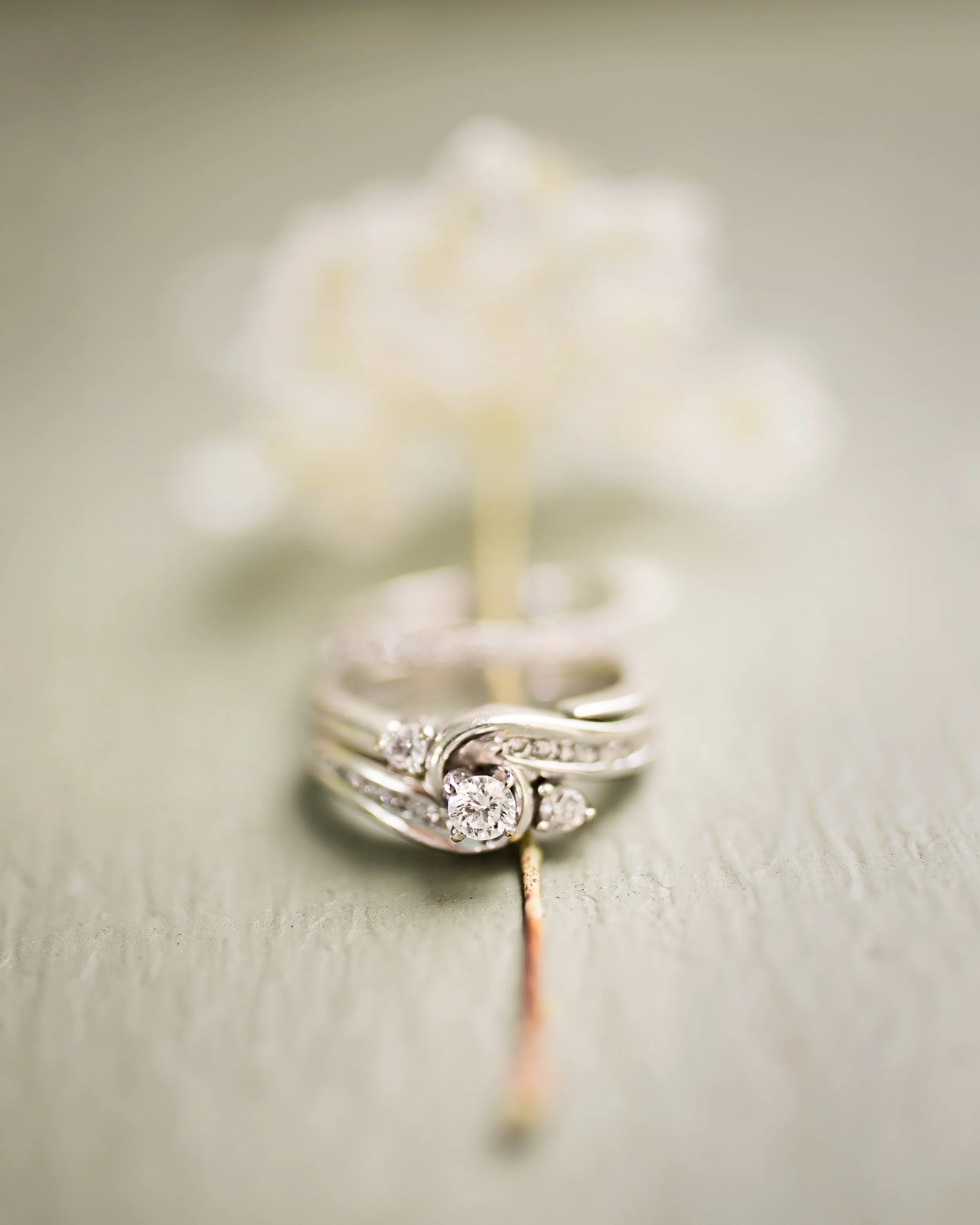 Elegant diamond ring with intricate design and floral detail in the background.