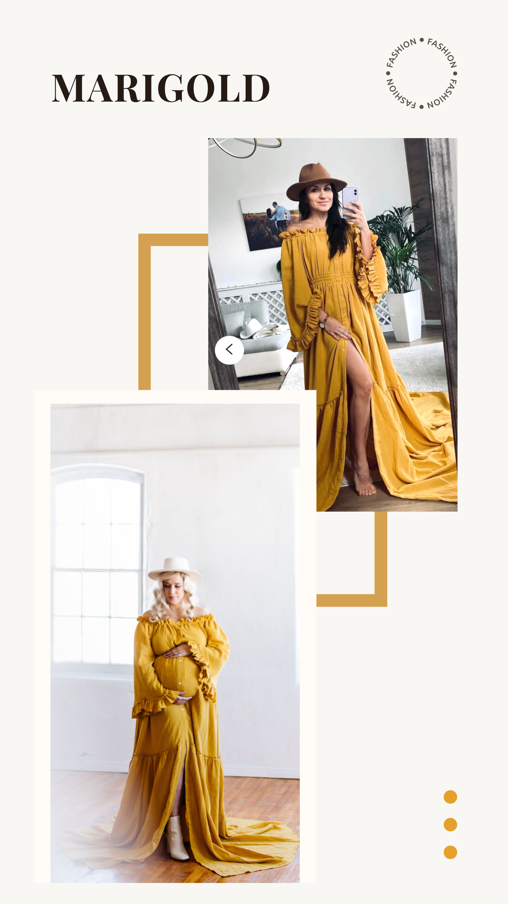Two women in marigold yellow dresses, one taking a mirror selfie indoors, and one in a sunlit room holding her belly, wearing a hat.