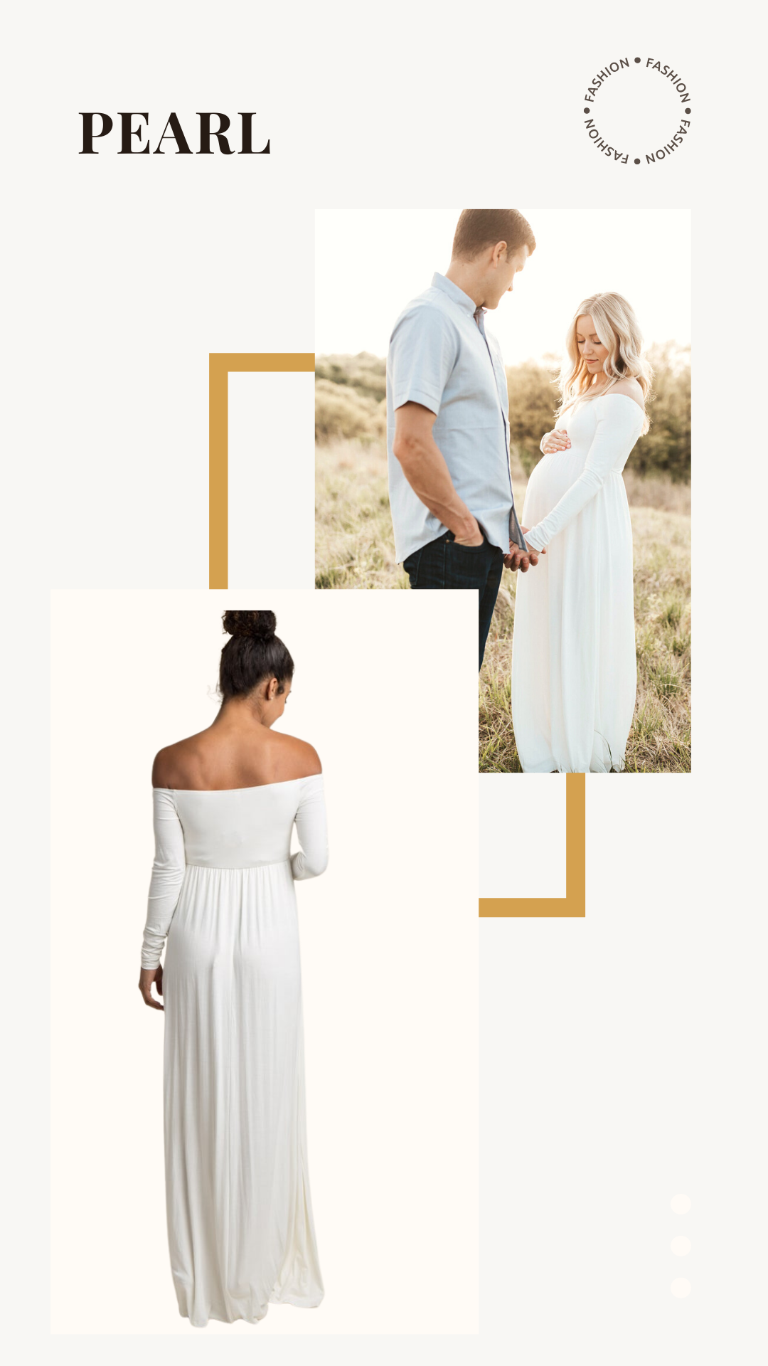 Maternity photoshoot featuring a woman and a man. The woman is wearing an off-the-shoulder white maxi dress. The image is styled with graphic elements and text that says "Pearl."