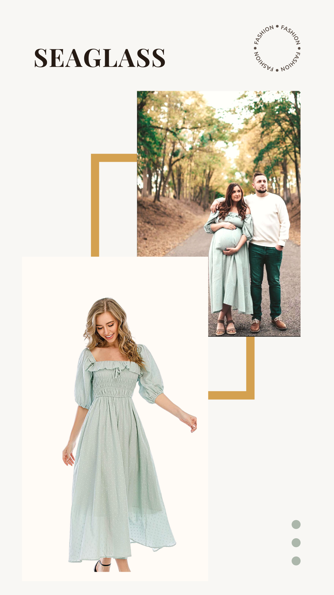 Collage featuring a pastel seaglass color long dress. The top image shows a couple in the woods; the woman is pregnant, wearing the same color dress, and is accompanied by a man. The bottom image showcases a woman modeling the dress alone. The word '