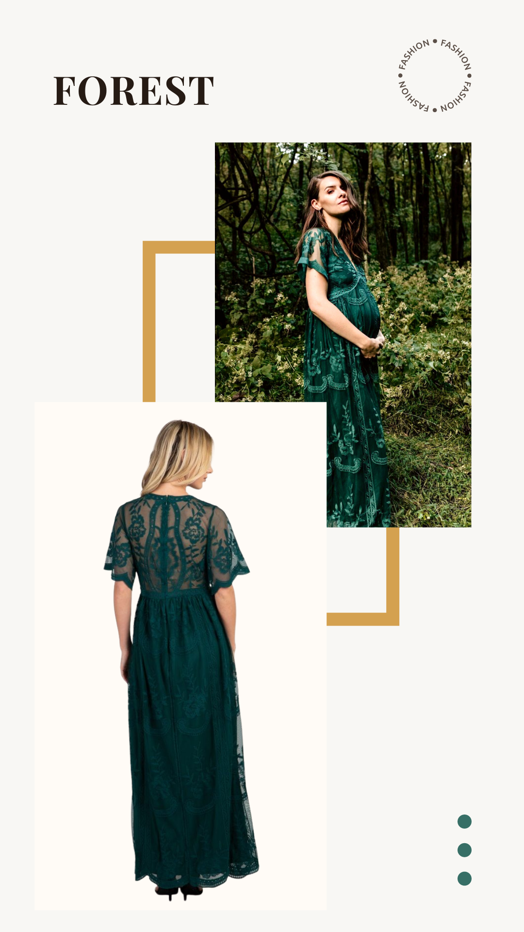 Collage featuring a woman in a forest wearing a green lace dress and a back view of the same dress on a mannequin. Text reads "Forest" and "Fashion."