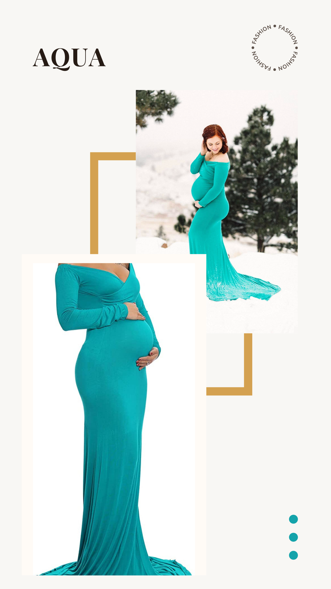 Pregnant woman in aqua maternity dress posing outdoors in snow.