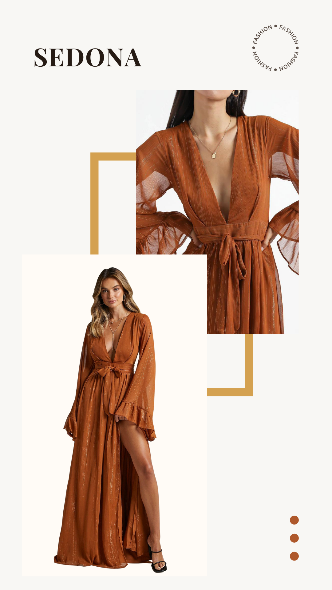 Fashion advertisement featuring a woman in a deep V-neck, long-sleeve, rust-colored maxi dress with a tied waist. Design elements include "SEDONA" text and "FASHION" circular motif.