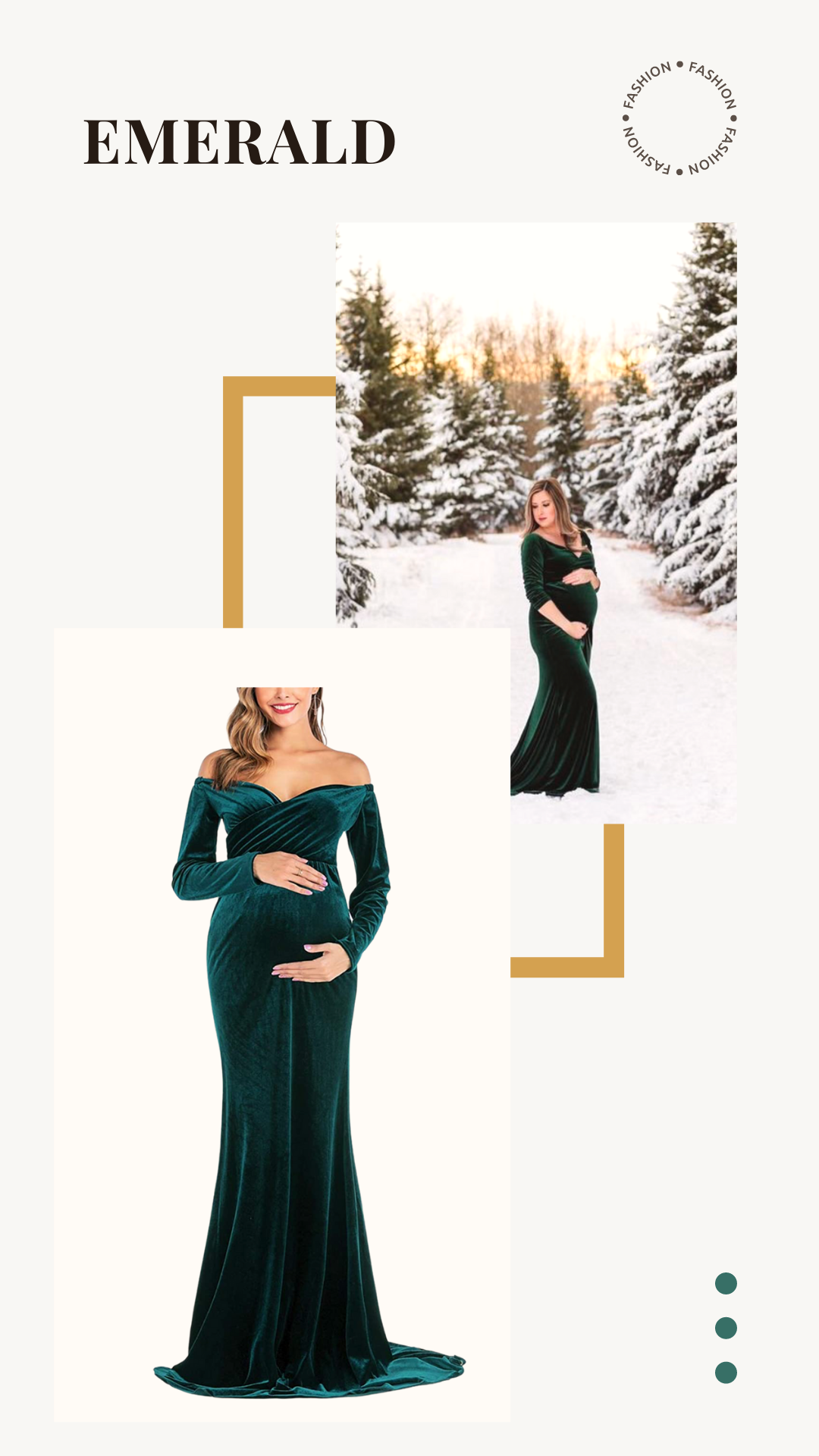 Emerald velvet maternity gown photo shoot in a snowy forest, featuring an off-shoulder design and a fitted silhouette.