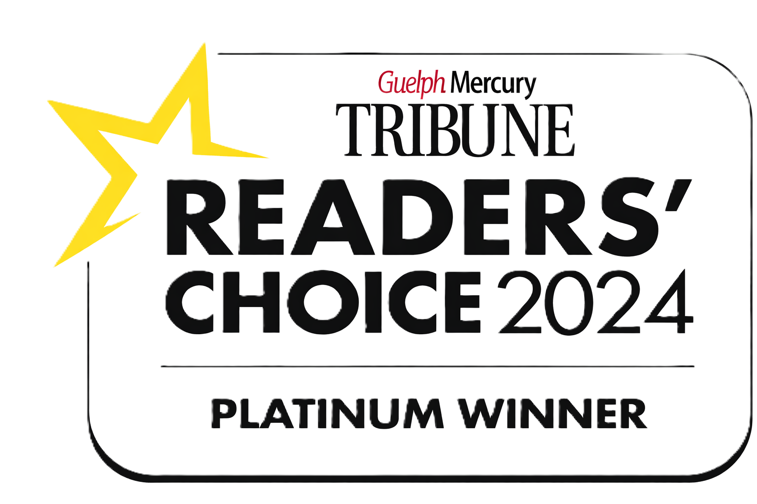 Graphic badge with a yellow star and black text that says 'Tribune Readers' Choice 2024' and 'Platinum Winner' with a green and black background.