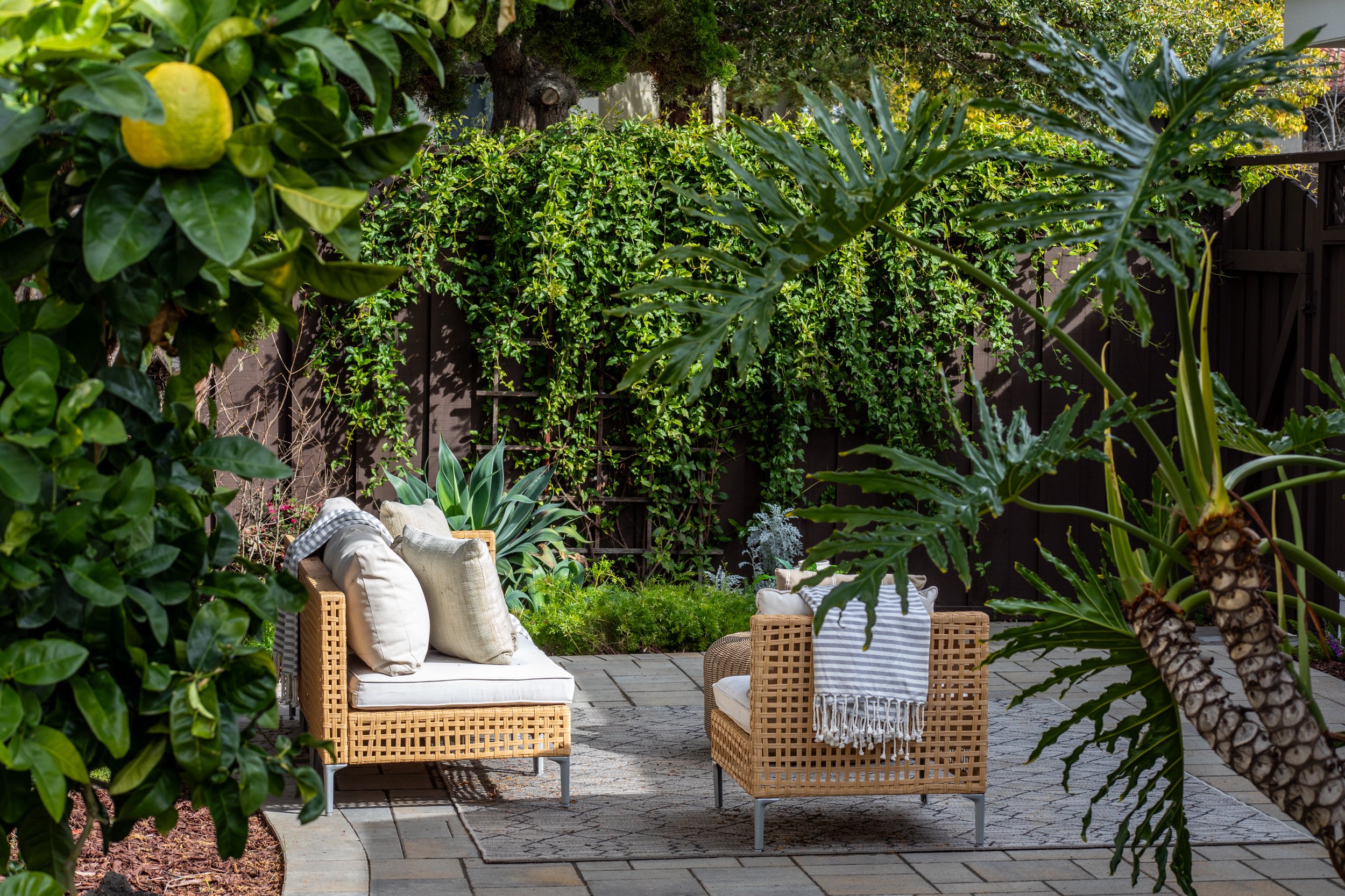 Oasis-like backyard patio with wicker furniture, cushions, and throws surrounded by lush green plants and trees.