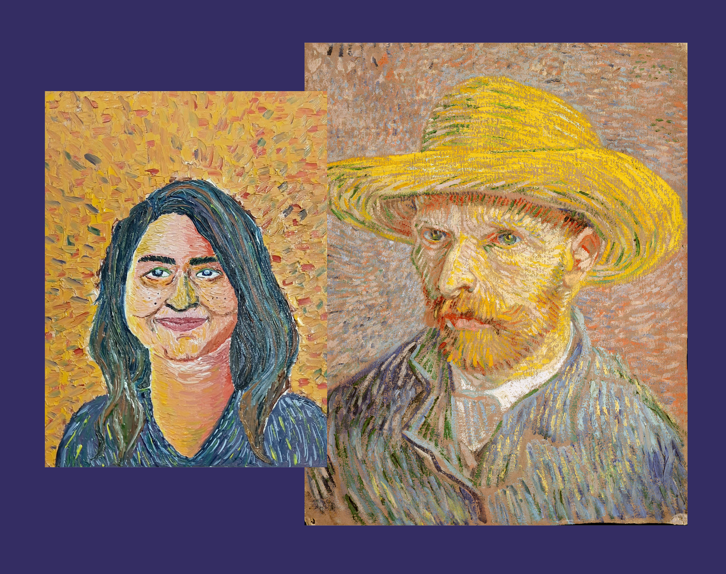 Side-by-side images of paintings by Vincent van Gogh. The left features a self-portrait with long hair and a smile, using thick brushstrokes and bold colors.