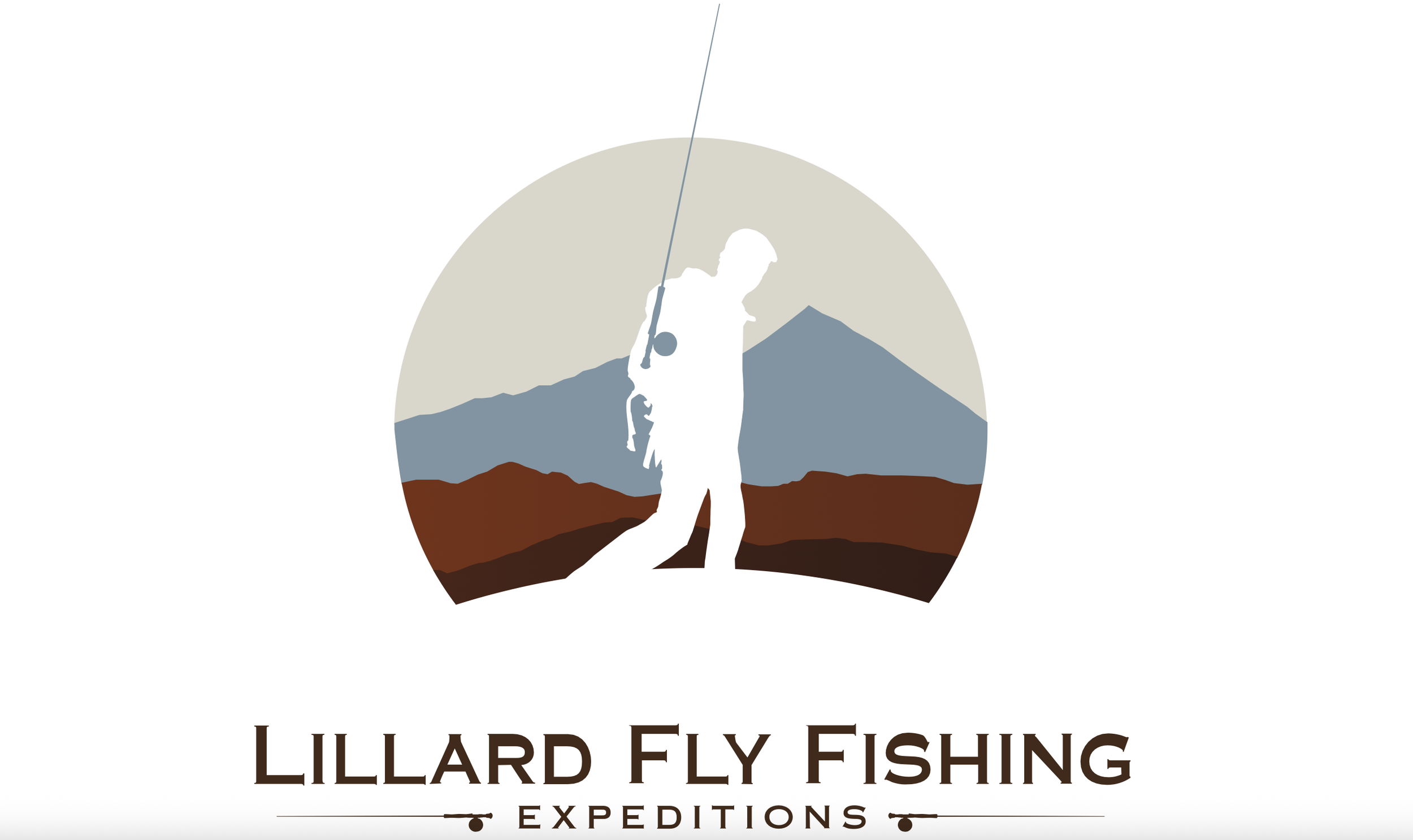 Silhouette of a person fishing at sunrise or sunset with mountains in the background, logo for Lillard Fly Fishing Expeditions.