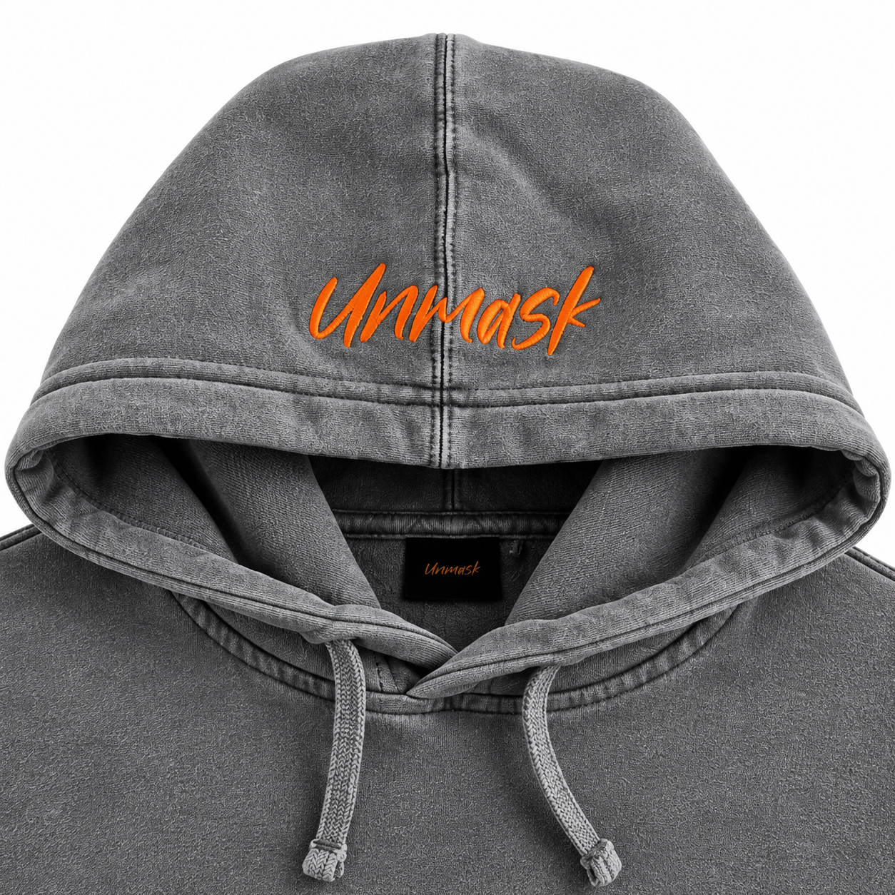 Charcoal Hoodie Hood with Orange Unmask Embroidery.png