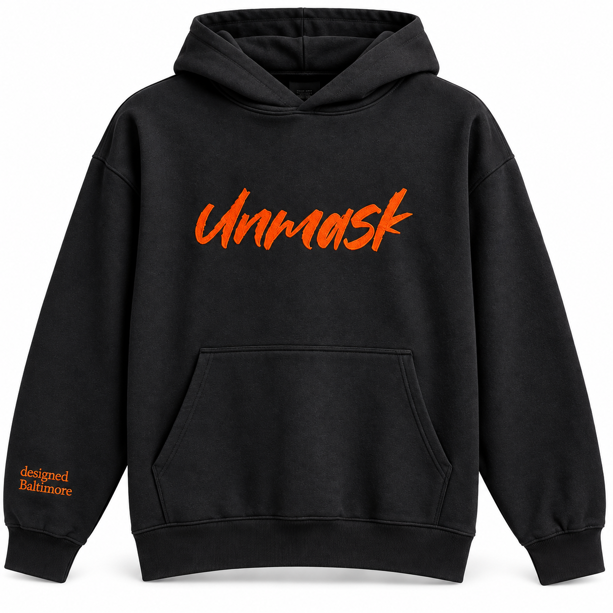 Unmask Black Orange Hoodie Front.png