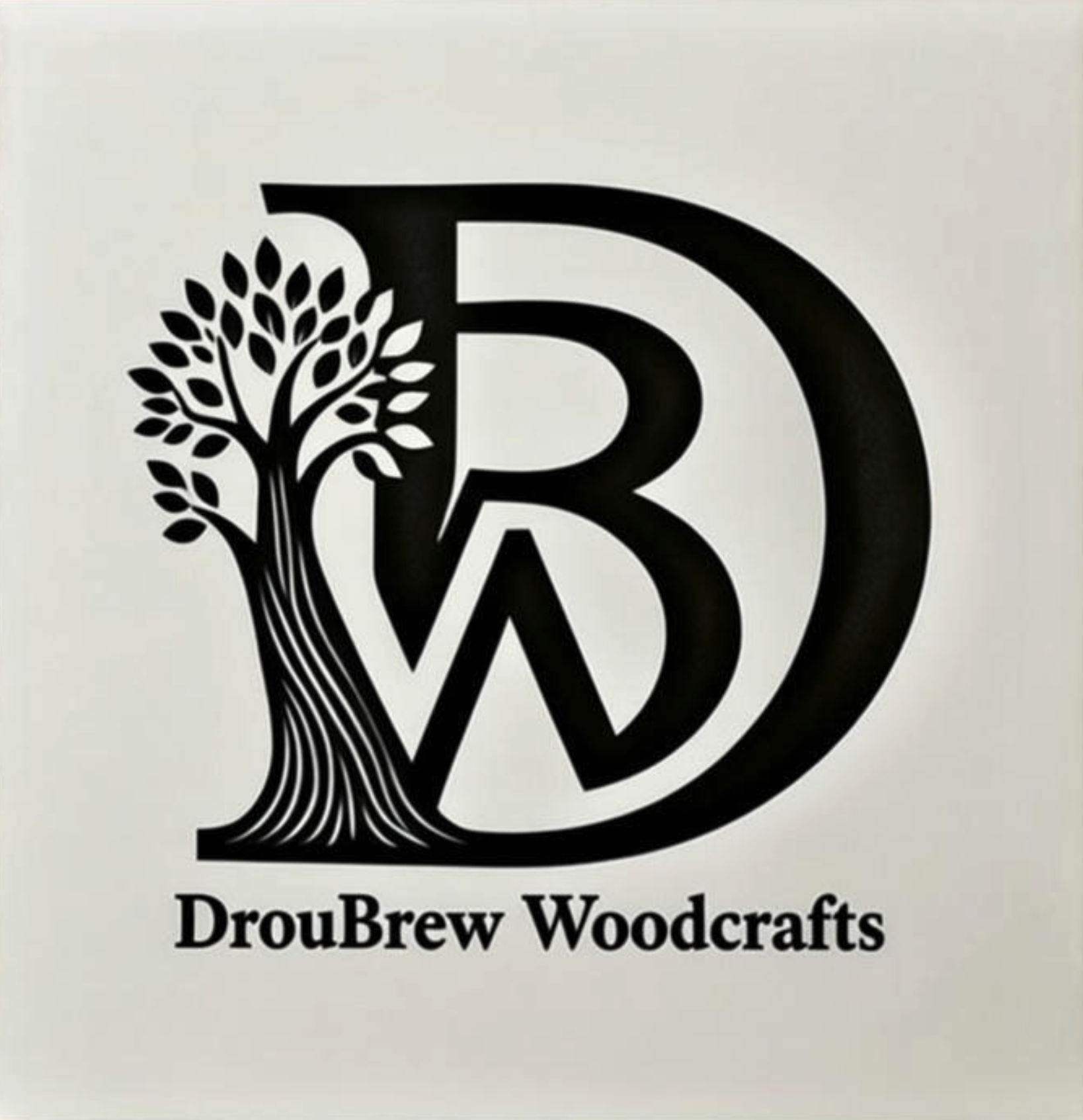 Logo of DrouBrew Woodcrafts featuring a large letter 'D' with a tree illustration integrated into the design, and the business name written below.