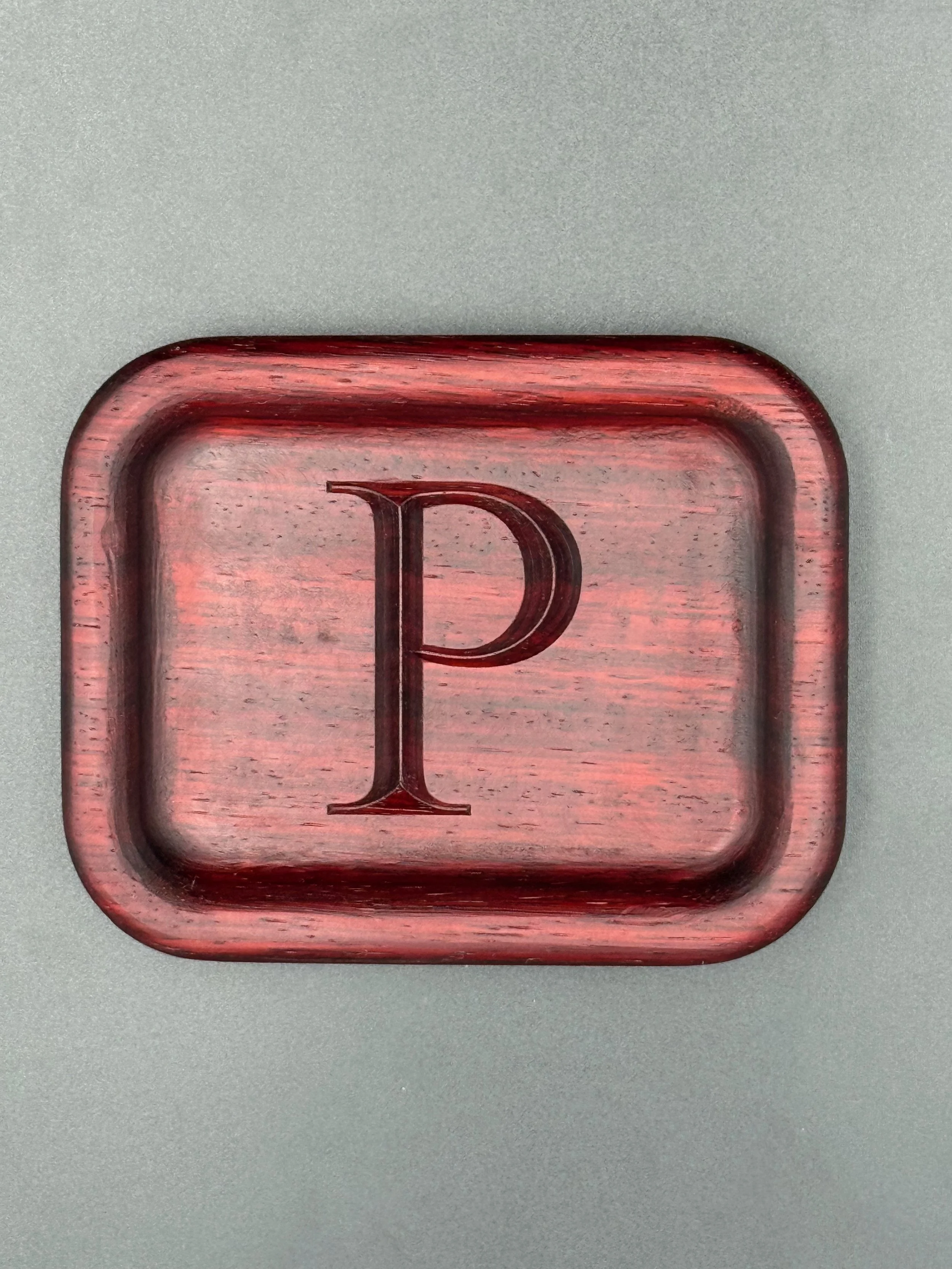 Small Valet Tray with the initial P v-carved on the bottom. Carved on Padauk.