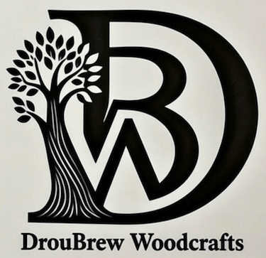 A logo featuring a stylized tree on the left and the letters 'D', 'W', and 'B' arranged creatively on the right, with the text 'DrouBrew Woodcrafts' beneath.