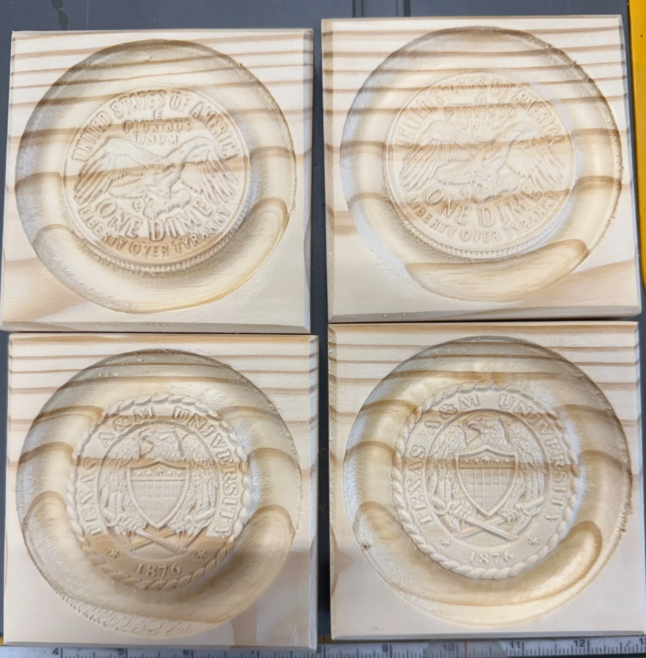 4 Rosettes carved on Pine. 2 are backs of a new dime issued by the US Mint. 2 are Texas A&M University Ring Crests. These are raw and unfinished for the customer to finish themselves.