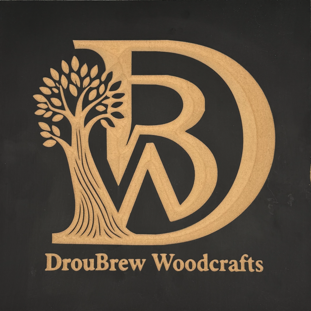 Logo for DrouBrew Woodcrafts featuring a stylized tree and letter 'D' with the words 'DrouBrew Woodcrafts' underneath.