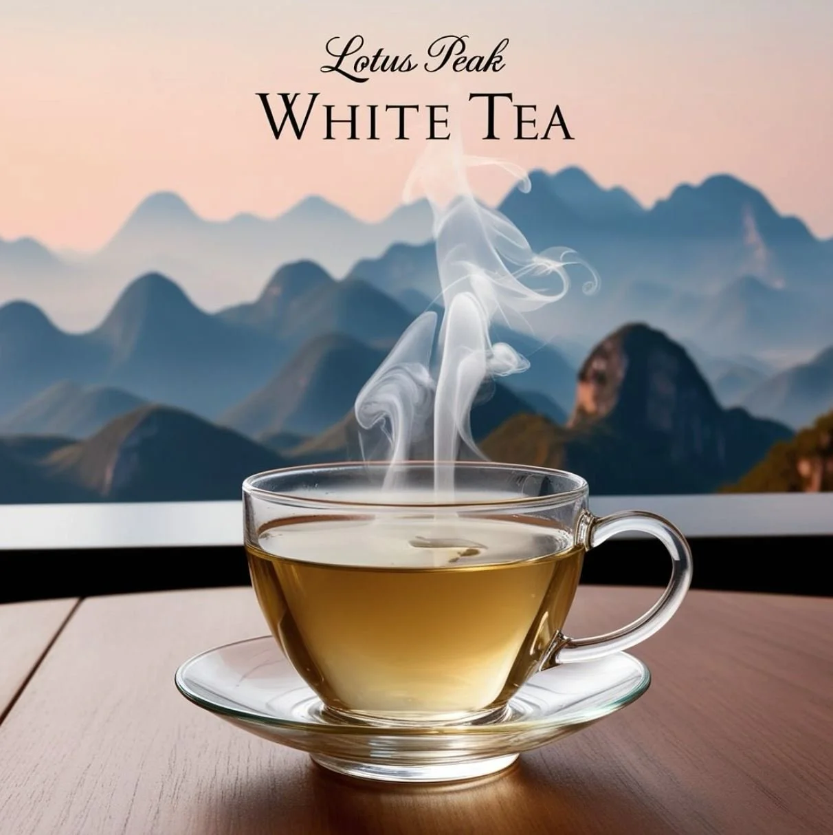 A clear glass cup filled with steaming lotus peak white tea, placed on a glass saucer on a wooden table, with mountains in the background and text that reads "Lotus Peak White Tea".